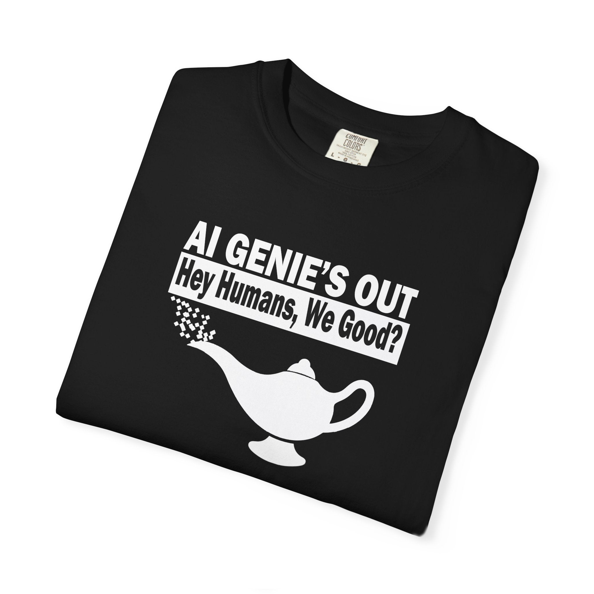 Black AI Genie’s Out T-Shirt — Tech Humor Tee