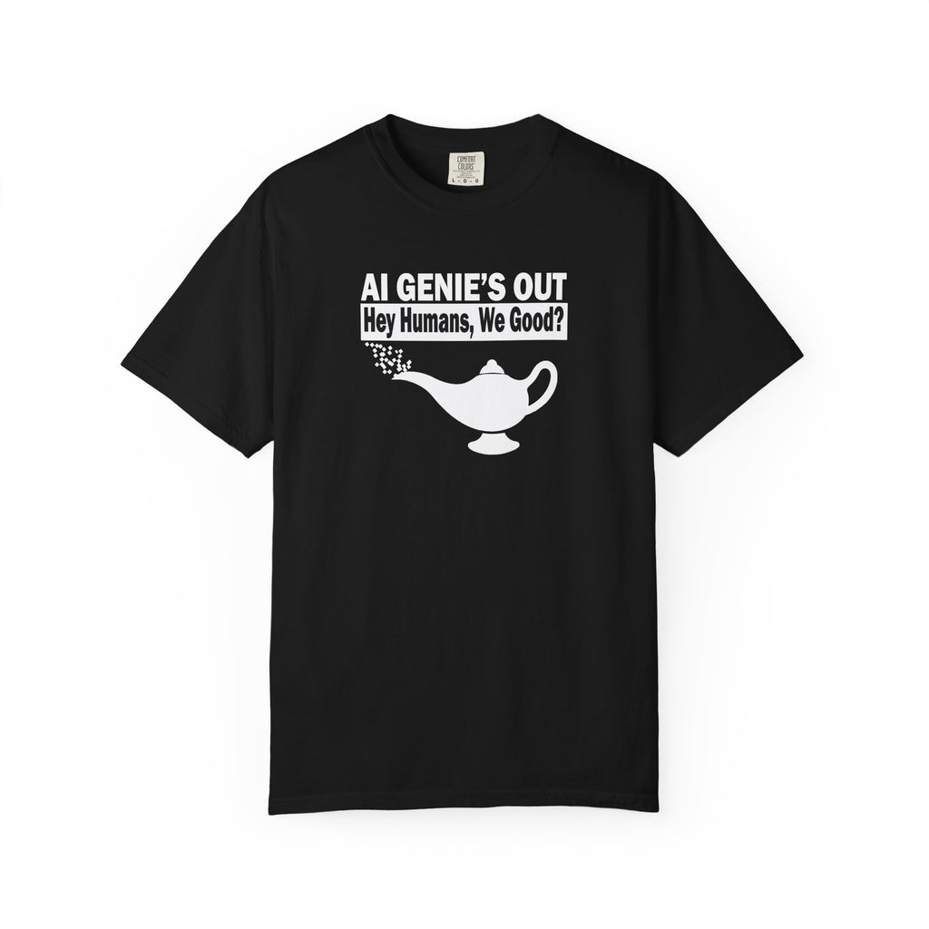 Black AI Genie’s Out T-Shirt — Tech Humor Tee
