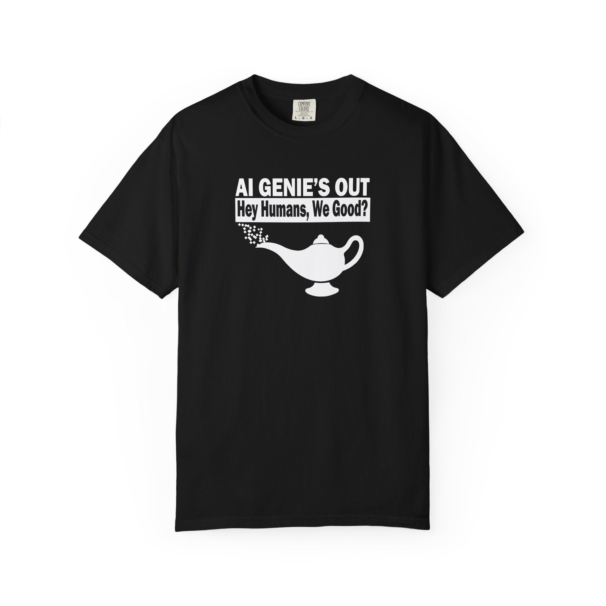 Black AI Genie’s Out T-Shirt — Tech Humor Tee