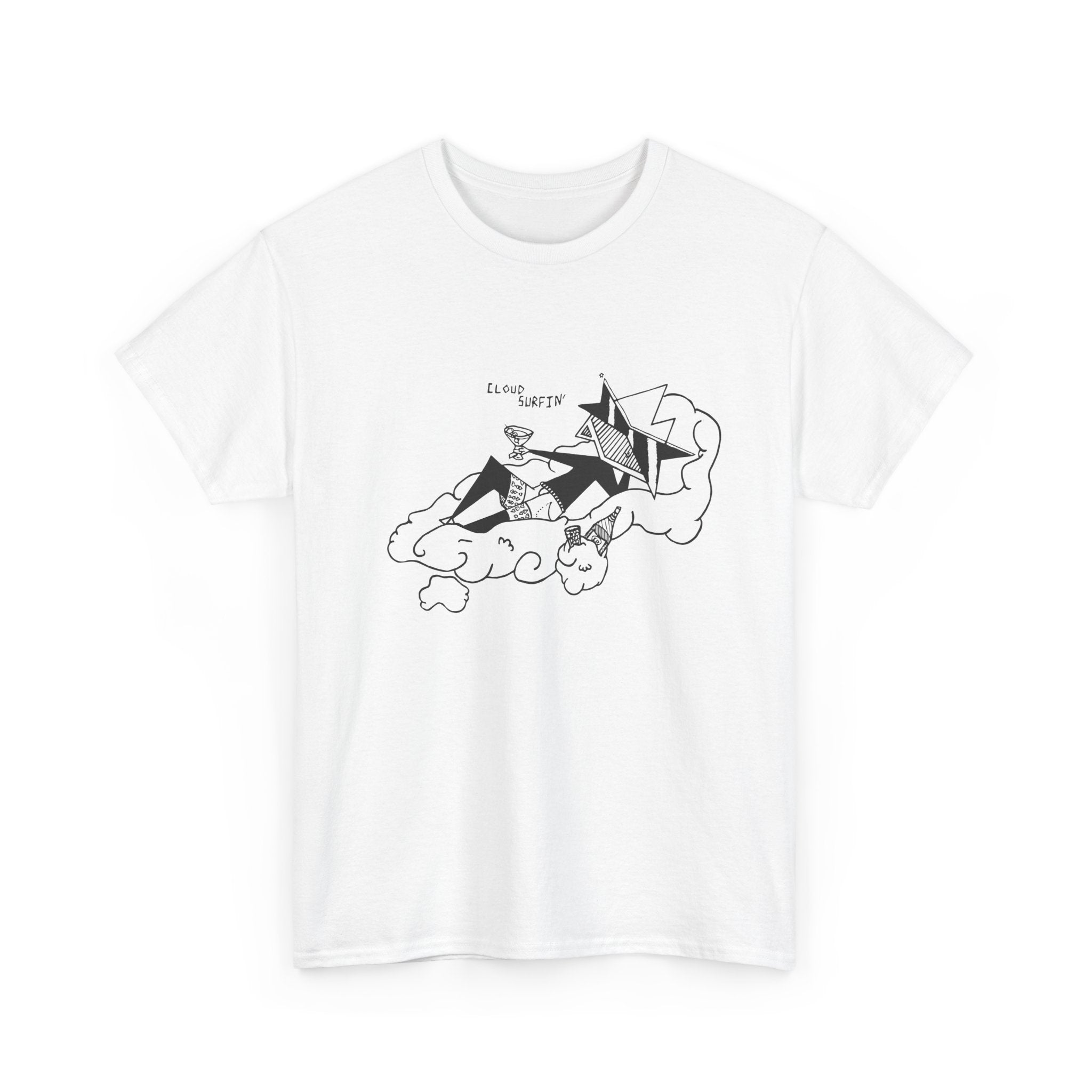 White t-shirt with black graphic design on a white background