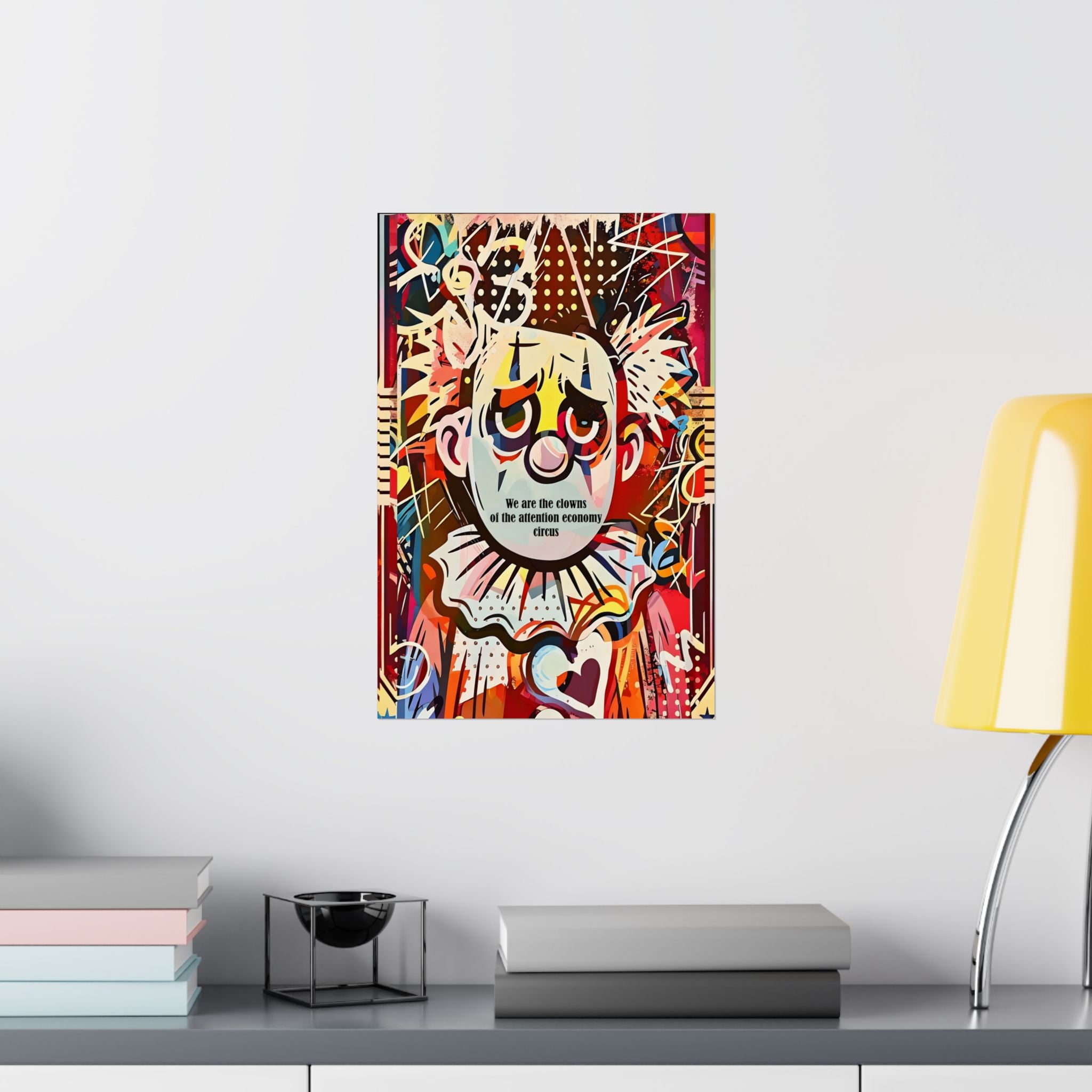 Circus Clown Art Poster — Colorful Pop Art Satin Print ("We are the clowns of the attention economy")