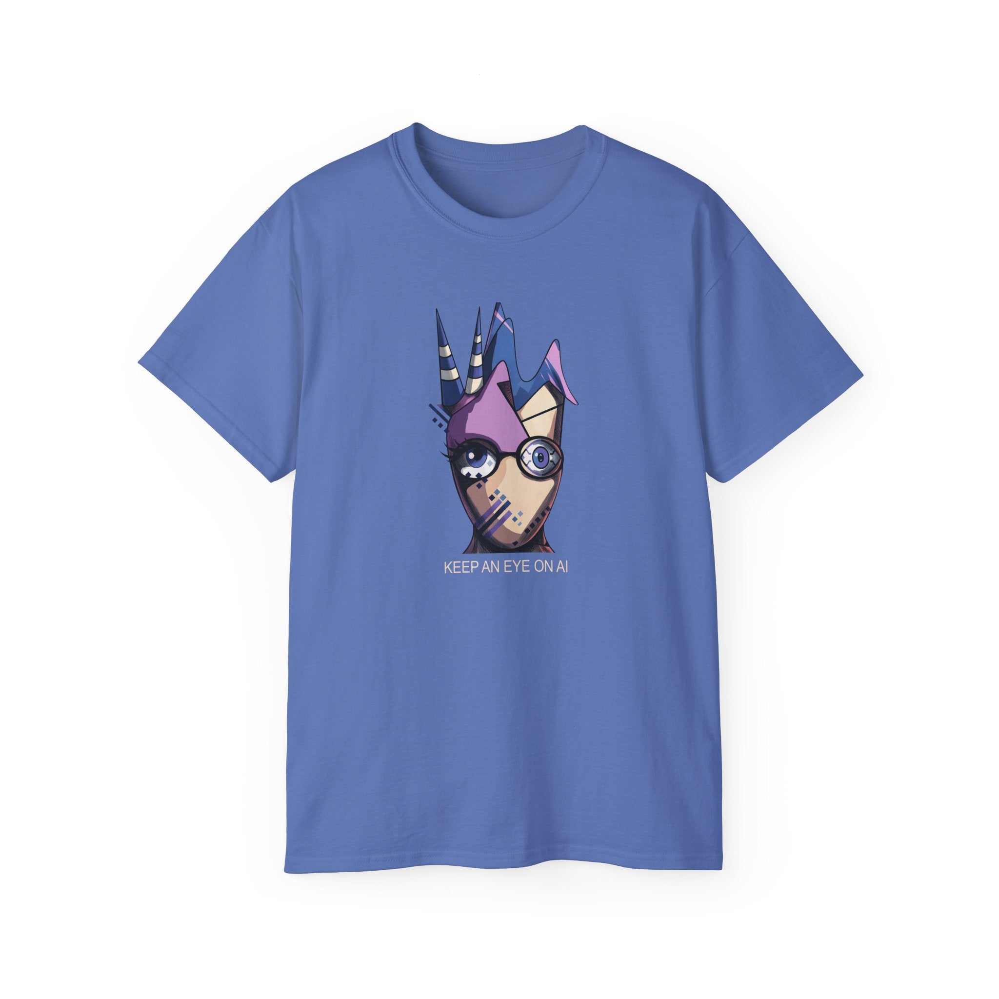 Blue t-shirt with a graphic design of a face with horns and text 