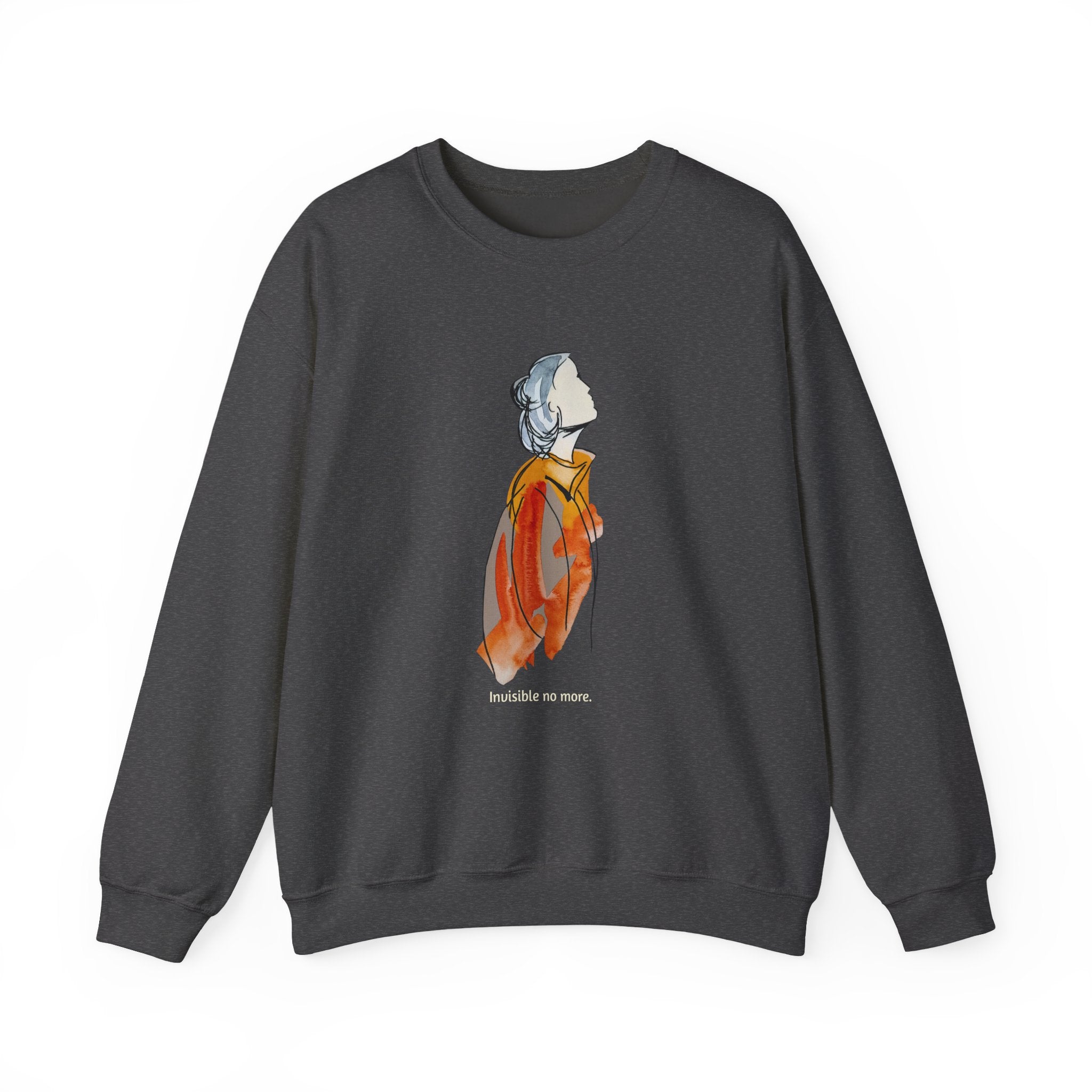 Dark gray sweatshirt with a graphic of a person in an orange outfit on a white background