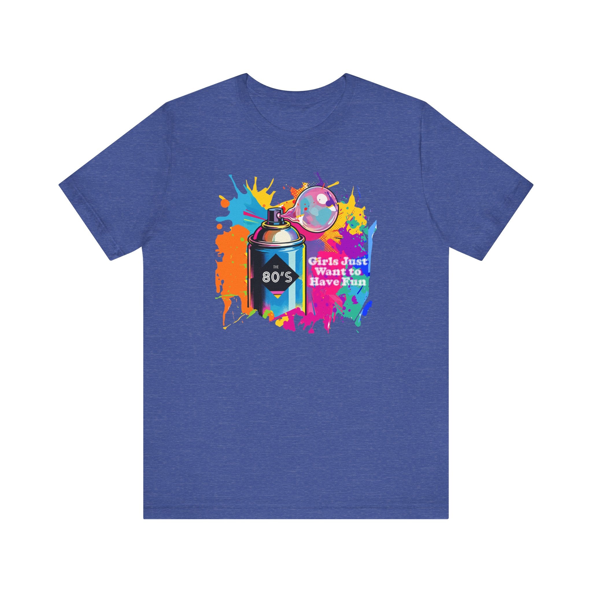 Vibrant retro tee celebrating 80’s pop culture, GIRLS JUST WANT TO HAVE FUN, Casual Wear, Colorful Style