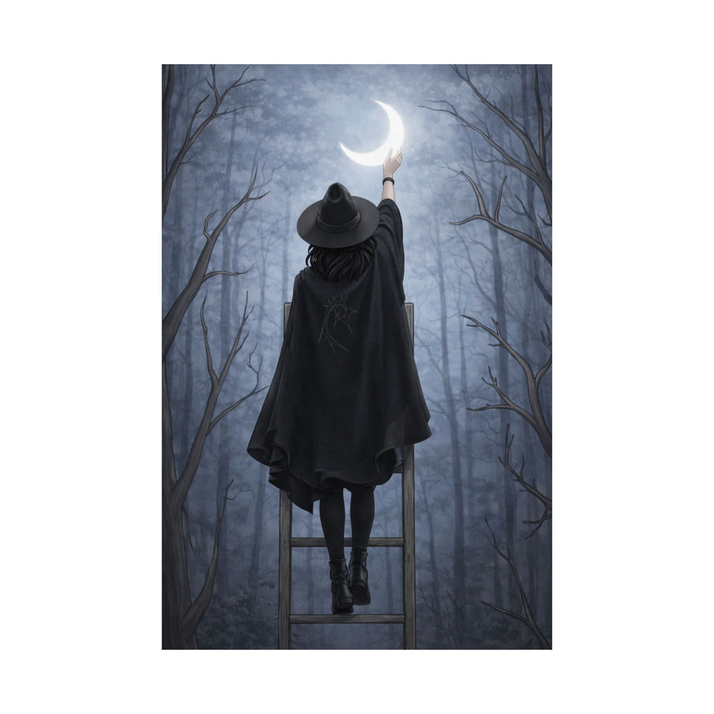 Witch Reaching for the Crescent Moon Matte Poster — Minimal Mystic Wall Art