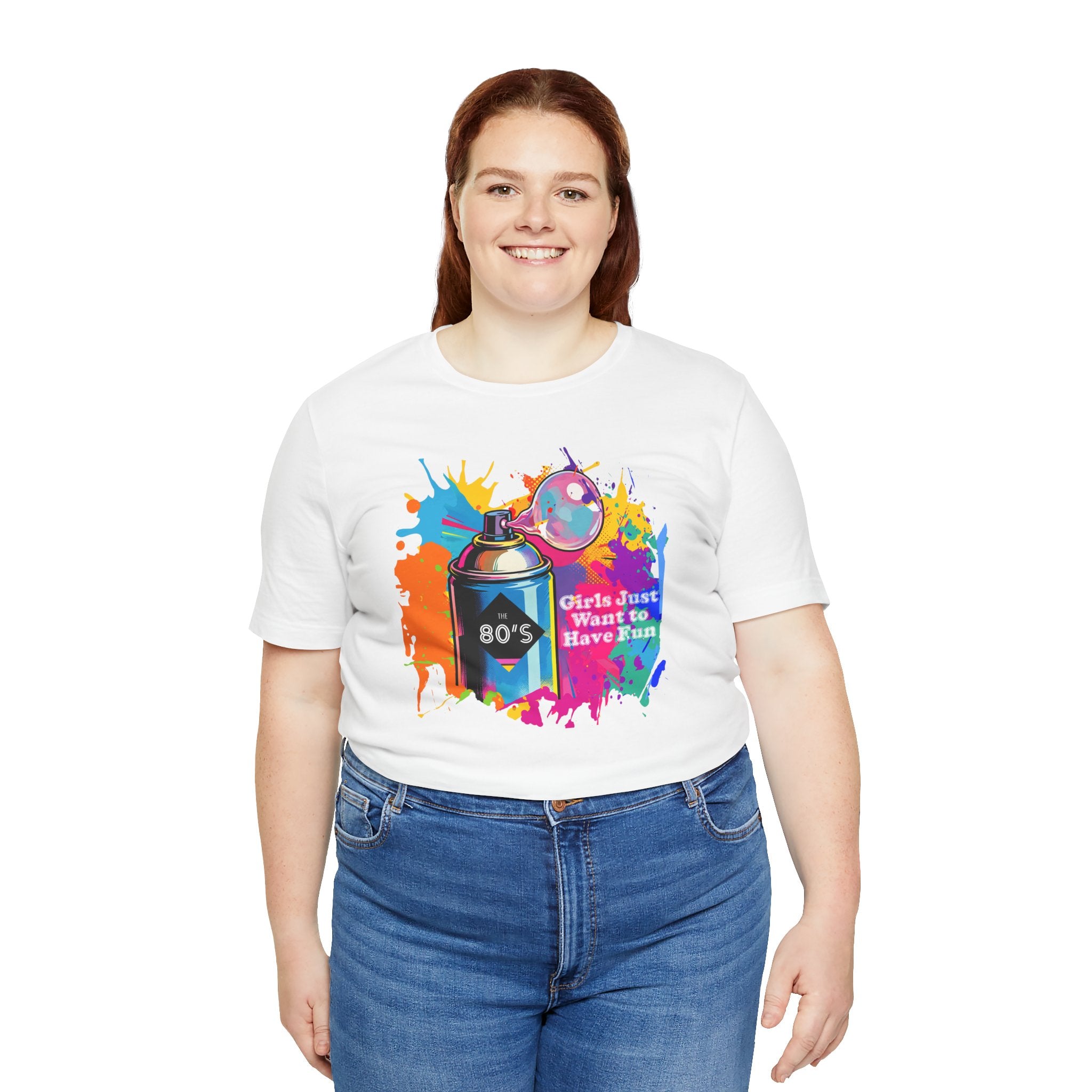 Vibrant retro tee celebrating 80’s pop culture, GIRLS JUST WANT TO HAVE FUN, Casual Wear, Colorful Style