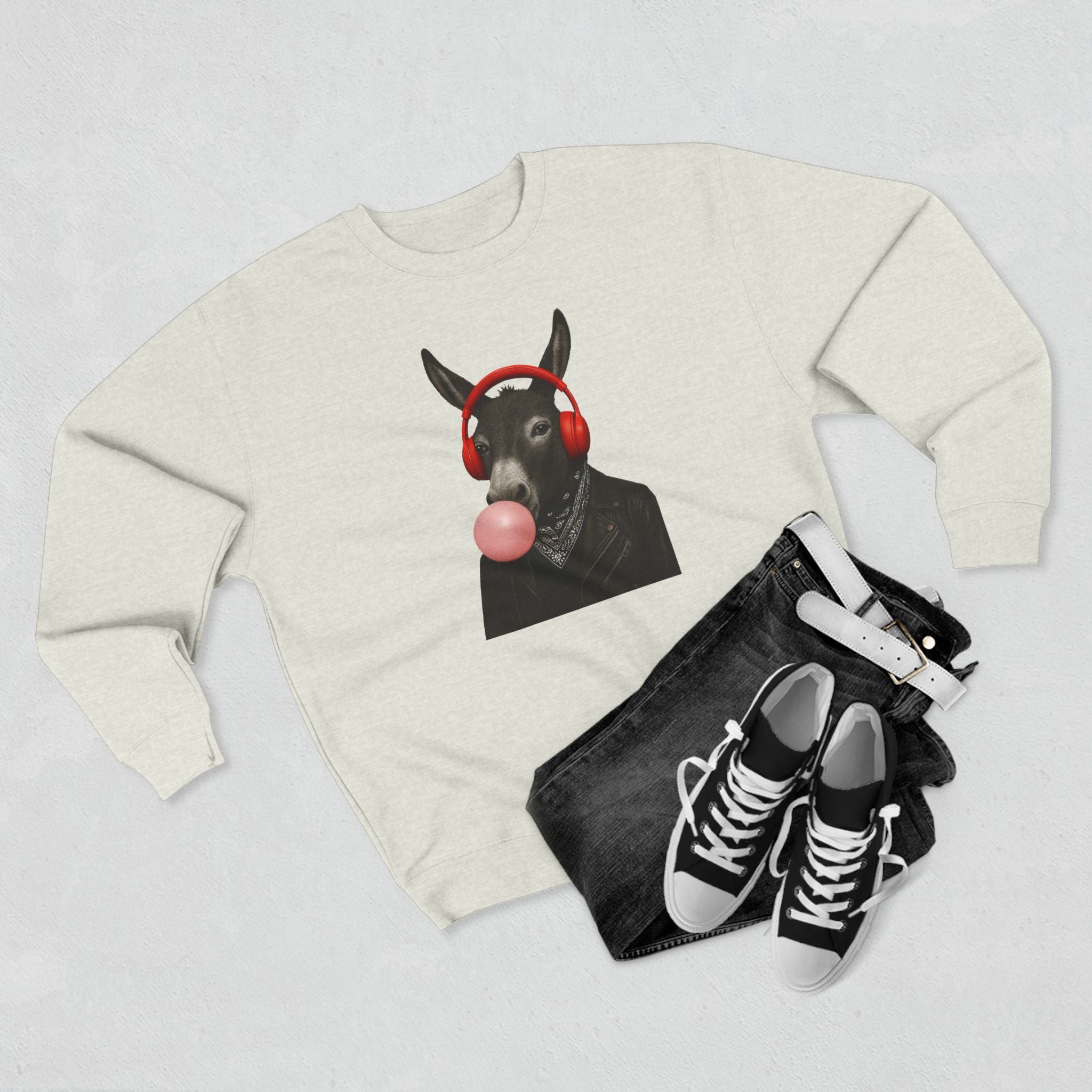 Donkey with Headphones & Bubblegum Sweatshirt – Funny Donkey Crewneck