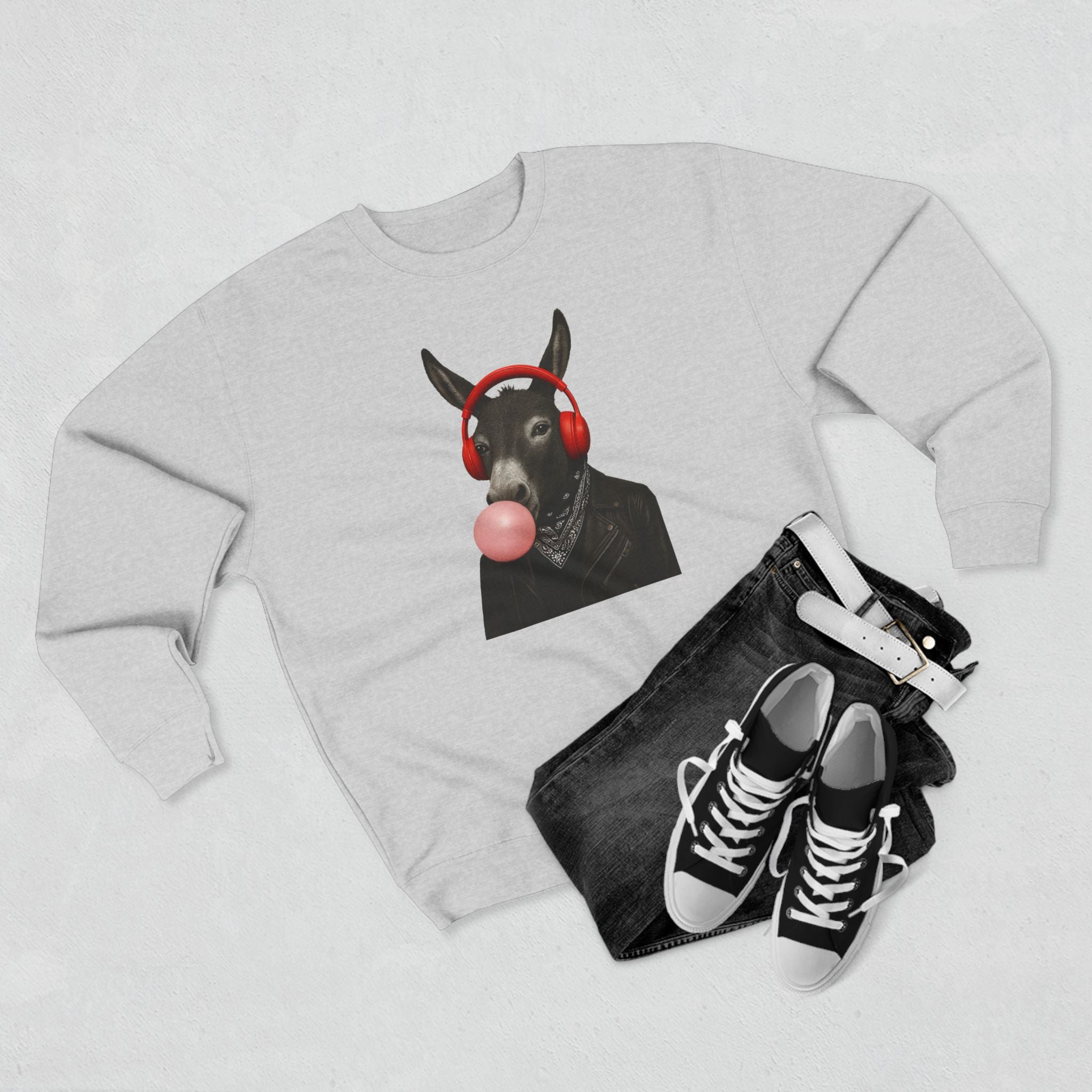 Donkey with Headphones & Bubblegum Sweatshirt – Funny Donkey Crewneck