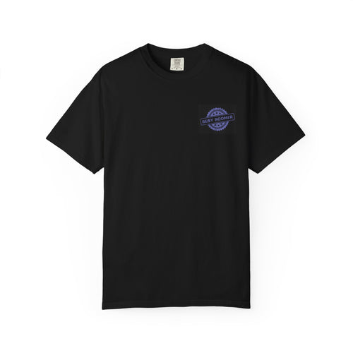 Black t-shirt with a logo on the chest against a white background