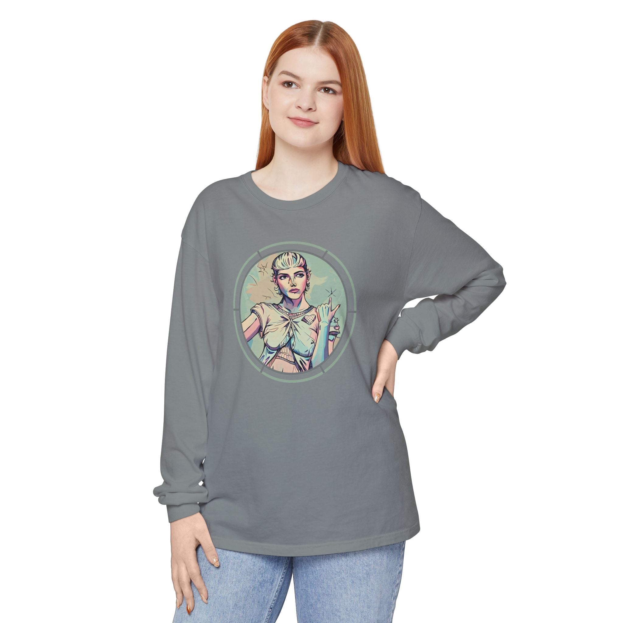 Vintage Style Artist Shirt – Retro Futurist Girl Long Sleeve Tee