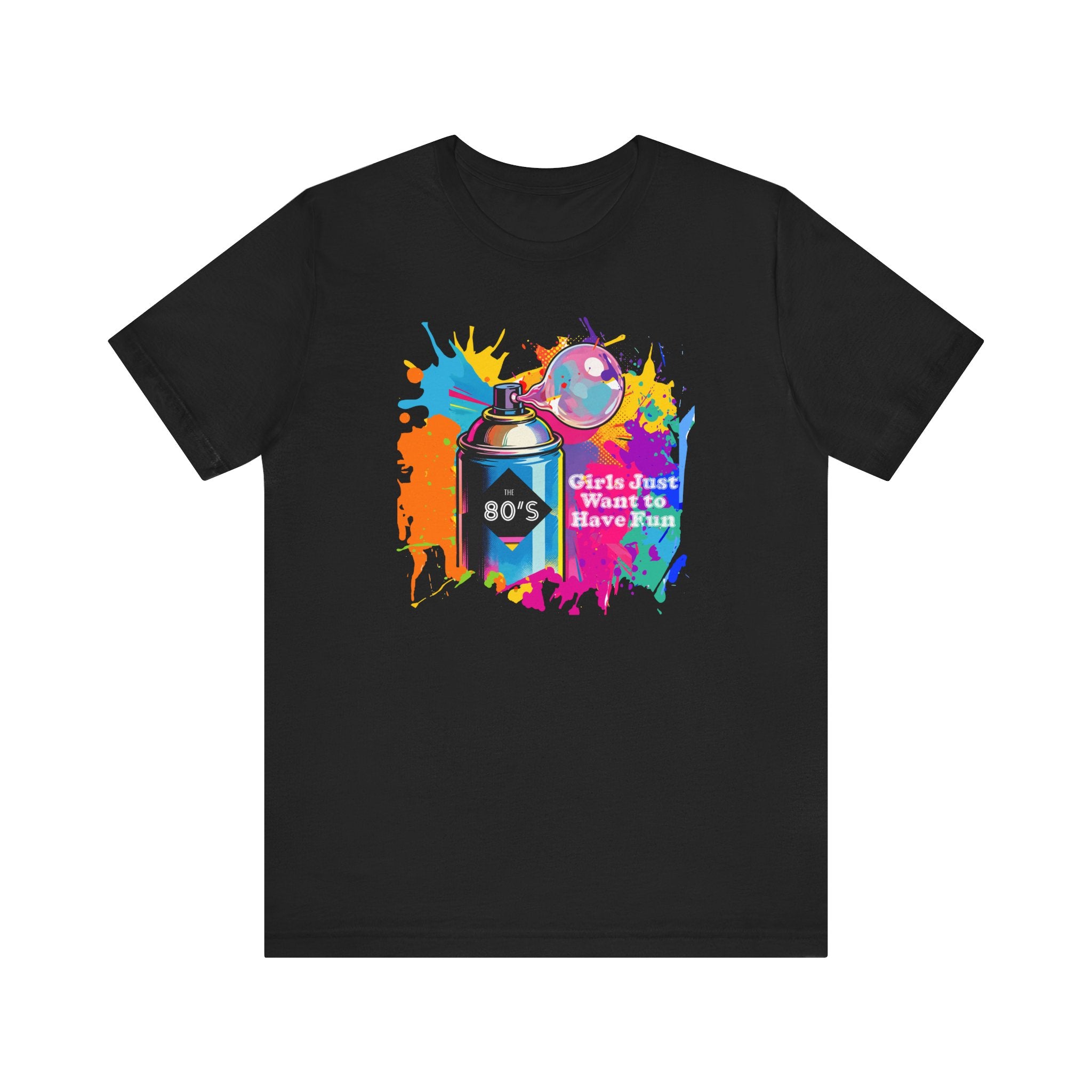Vibrant retro tee celebrating 80’s pop culture, GIRLS JUST WANT TO HAVE FUN, Casual Wear, Colorful Style