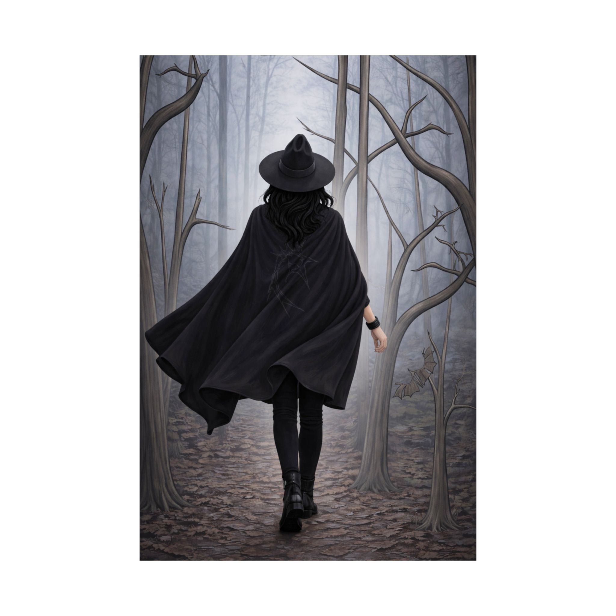 Mysterious Witch in Foggy Forest Matte Vertical Poster