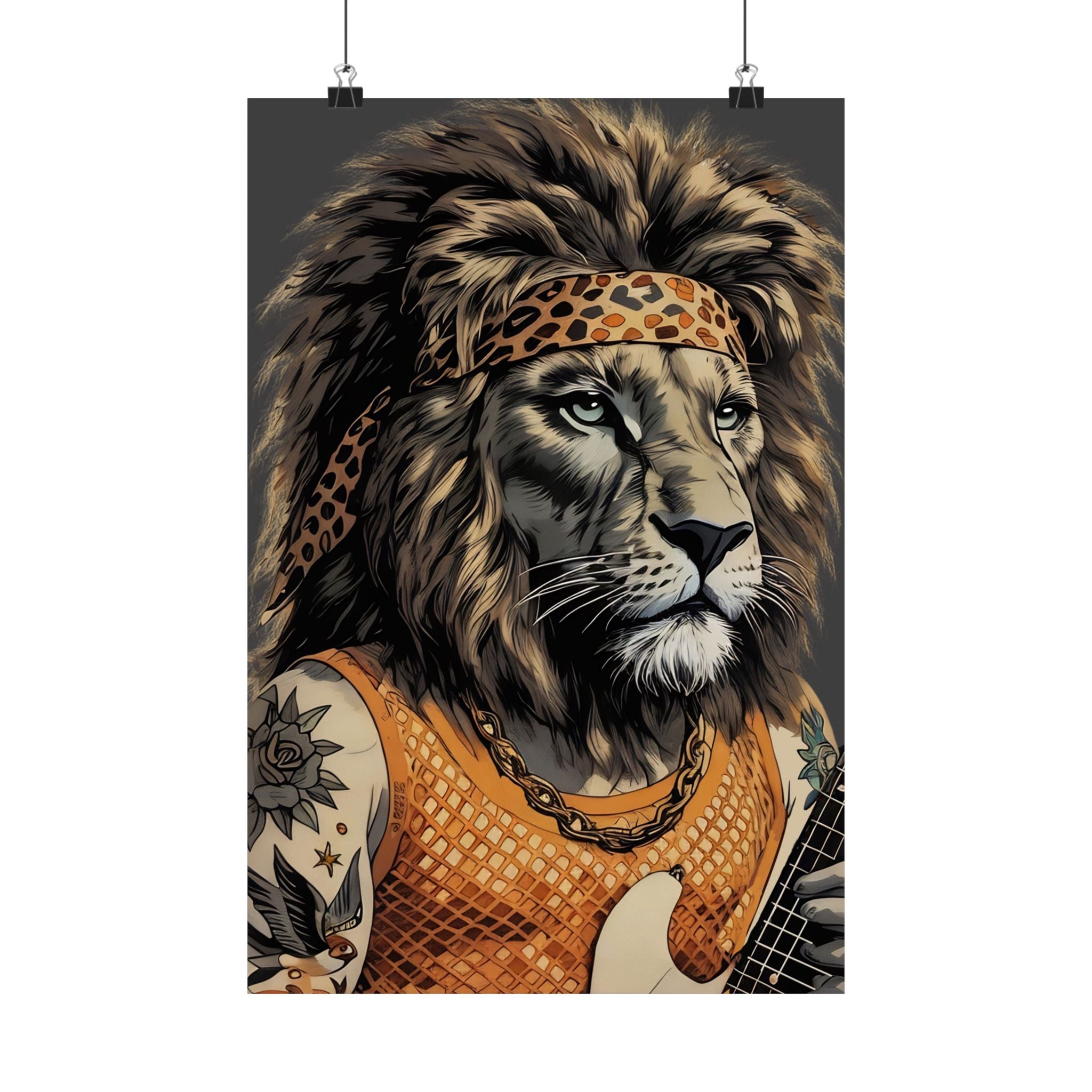 Rockstar Lion Poster – Tattooed Guitarist with Leopard Headband
