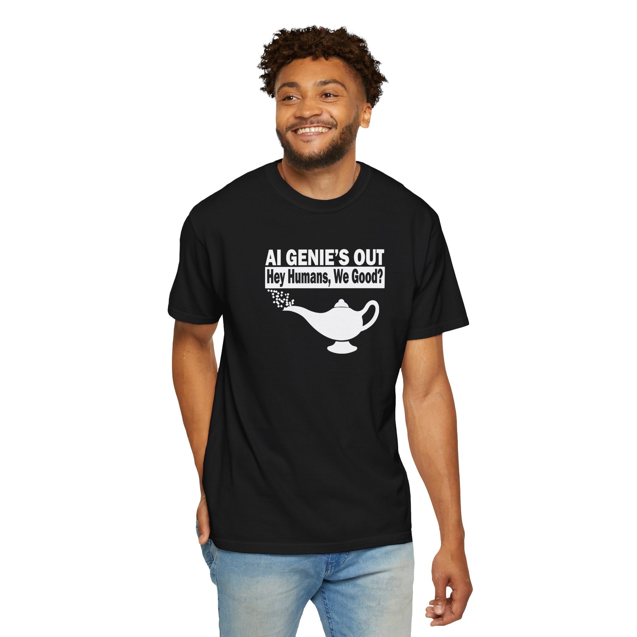 Black AI Genie’s Out T-Shirt — Tech Humor Tee