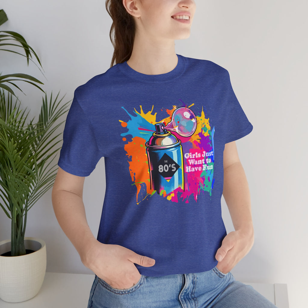 Vibrant retro tee celebrating 80’s pop culture, GIRLS JUST WANT TO HAVE FUN, Casual Wear, Colorful Style