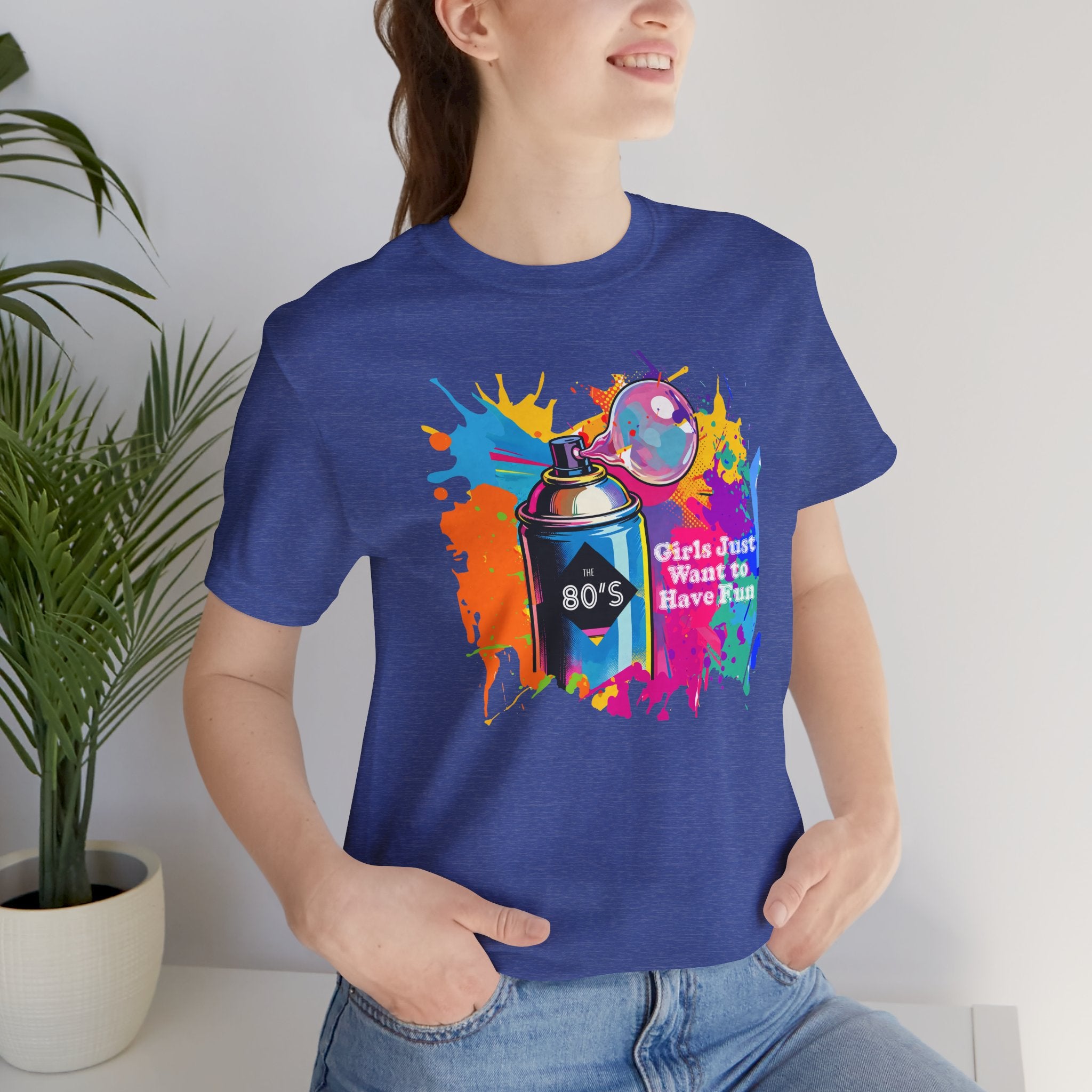 Vibrant retro tee celebrating 80’s pop culture, GIRLS JUST WANT TO HAVE FUN, Casual Wear, Colorful Style