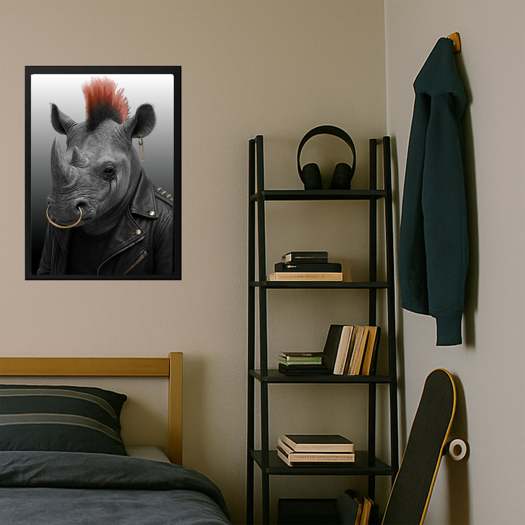 Edgy Rhinoceros Art Print, Punk Rock Decor, Unique Wall Art, Alternative Home Decor