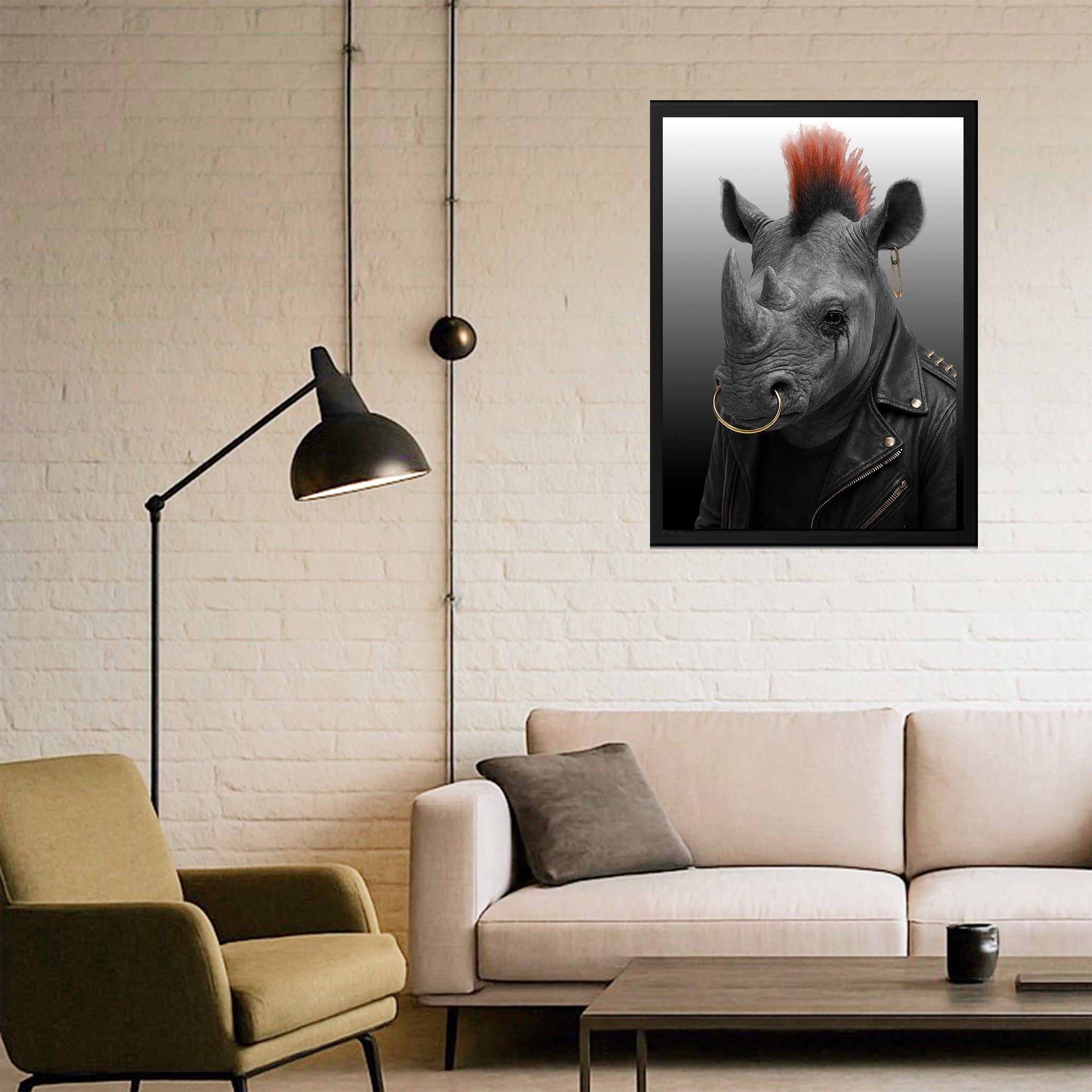 Edgy Rhinoceros Art Print, Punk Rock Decor, Unique Wall Art, Alternative Home Decor