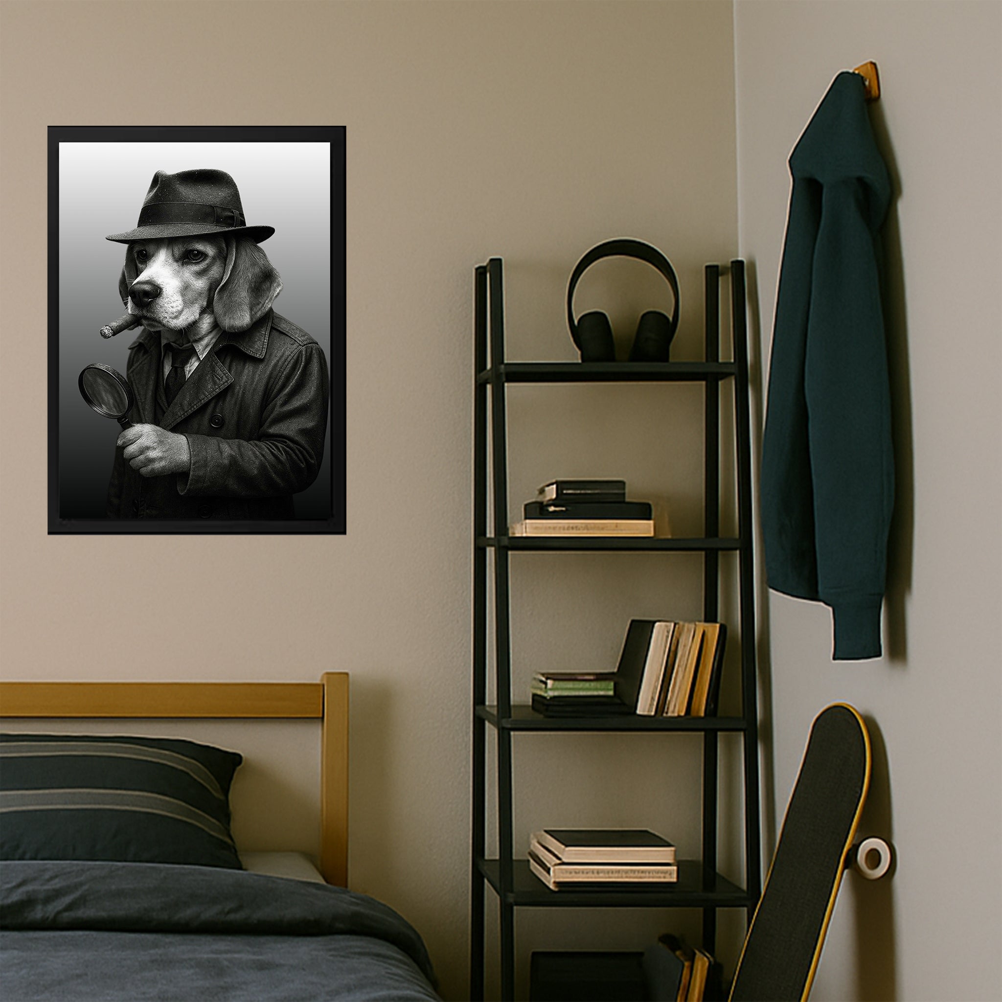 Dog Detective Poster – Noir Beagle Wall Art in Trench Coat | Funny Vintage Dog Print