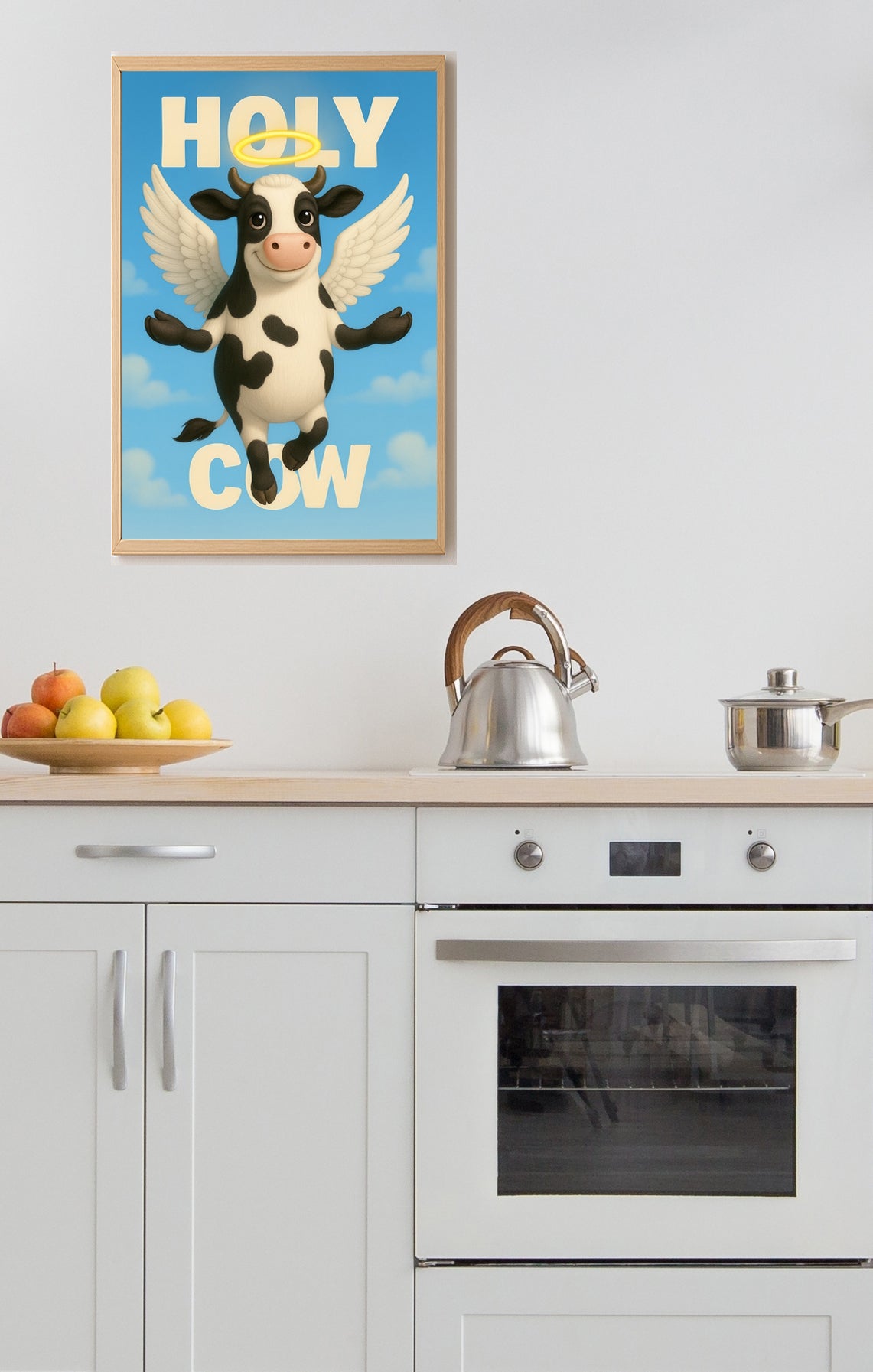Holy Cow Poster – Funny Angel Cow Wall Art, Cute Farmhouse Poster for Kitchen or Kids’ Room