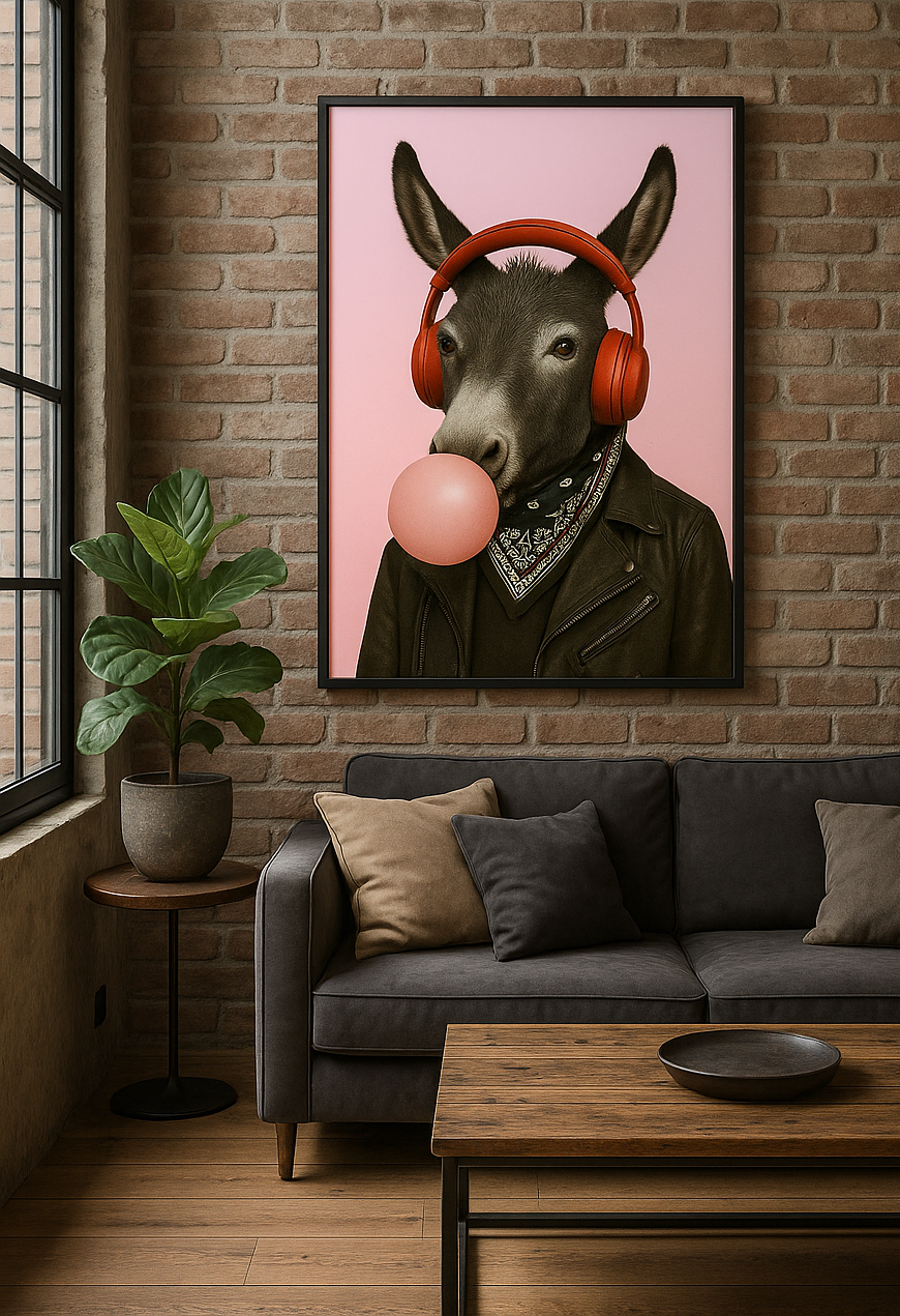 Affiche d'âne cool avec casque rouge et chewing-gum – Style urbain décalé