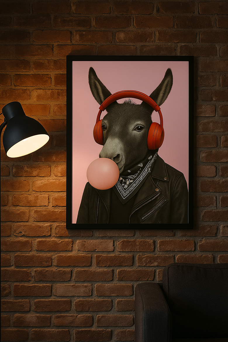 Affiche d'âne cool avec casque rouge et chewing-gum – Style urbain décalé
