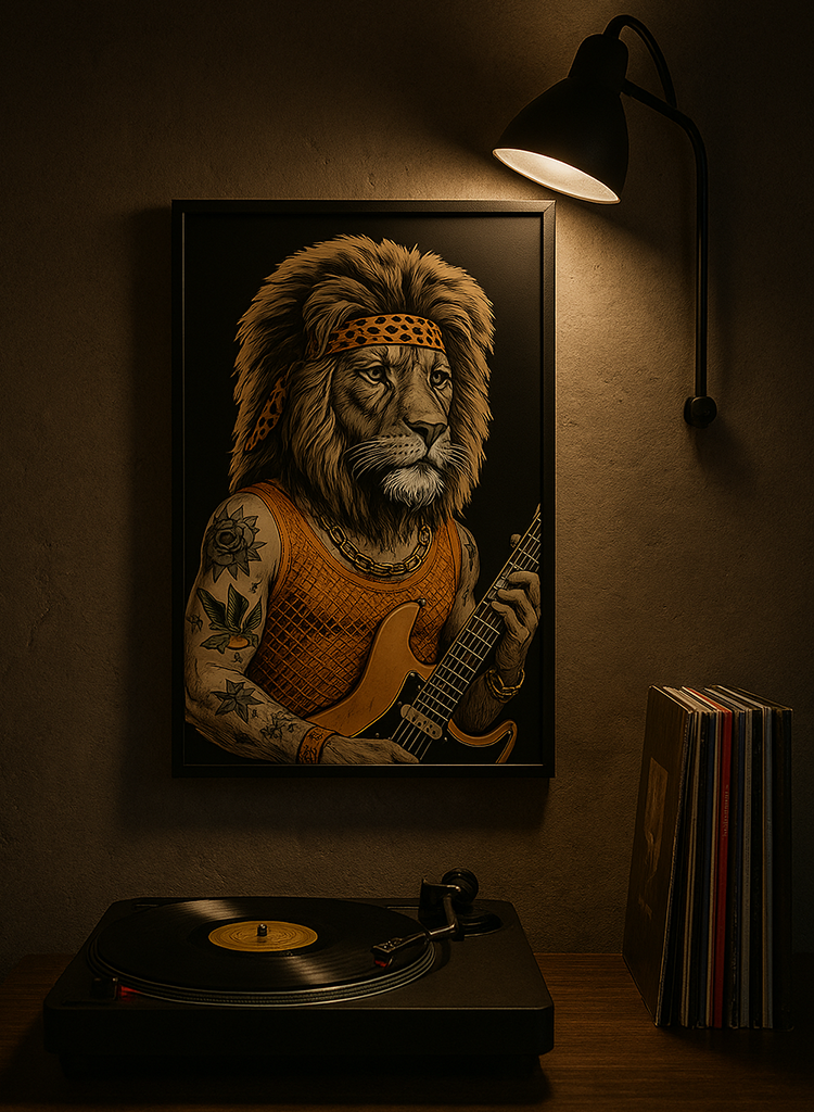 Rockstar Lion Poster – Tattooed Guitarist with Leopard Headband