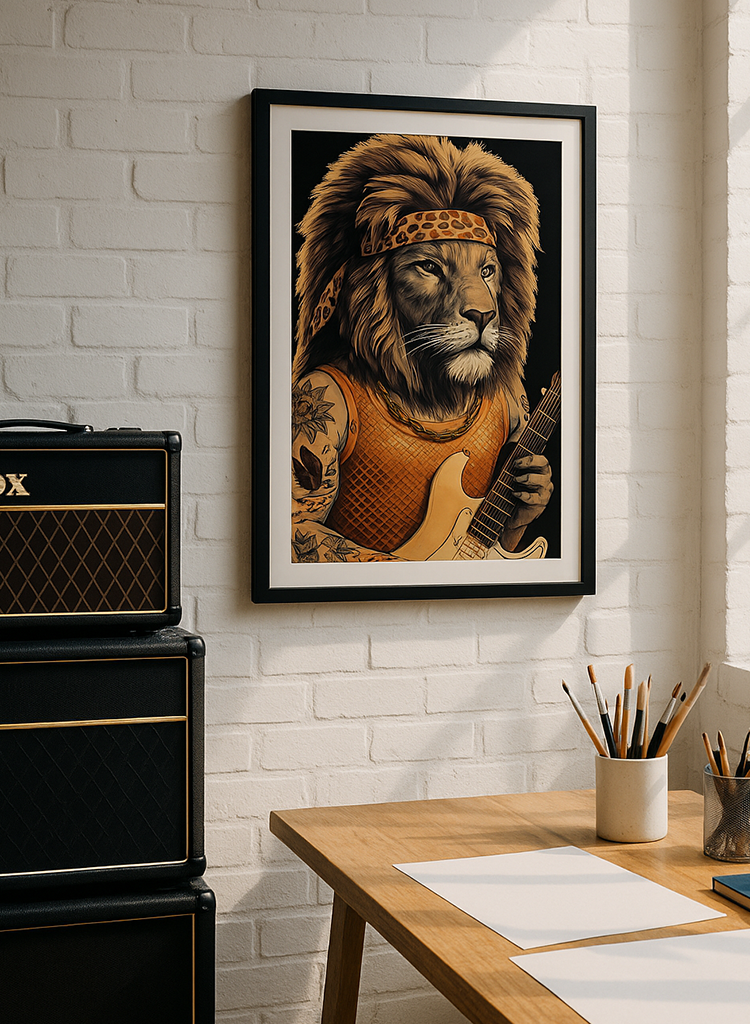 Rockstar Lion Poster – Tattooed Guitarist with Leopard Headband