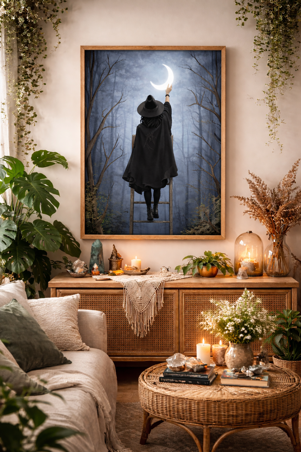 Witch Reaching for the Crescent Moon Matte Poster — Minimal Mystic Wall Art