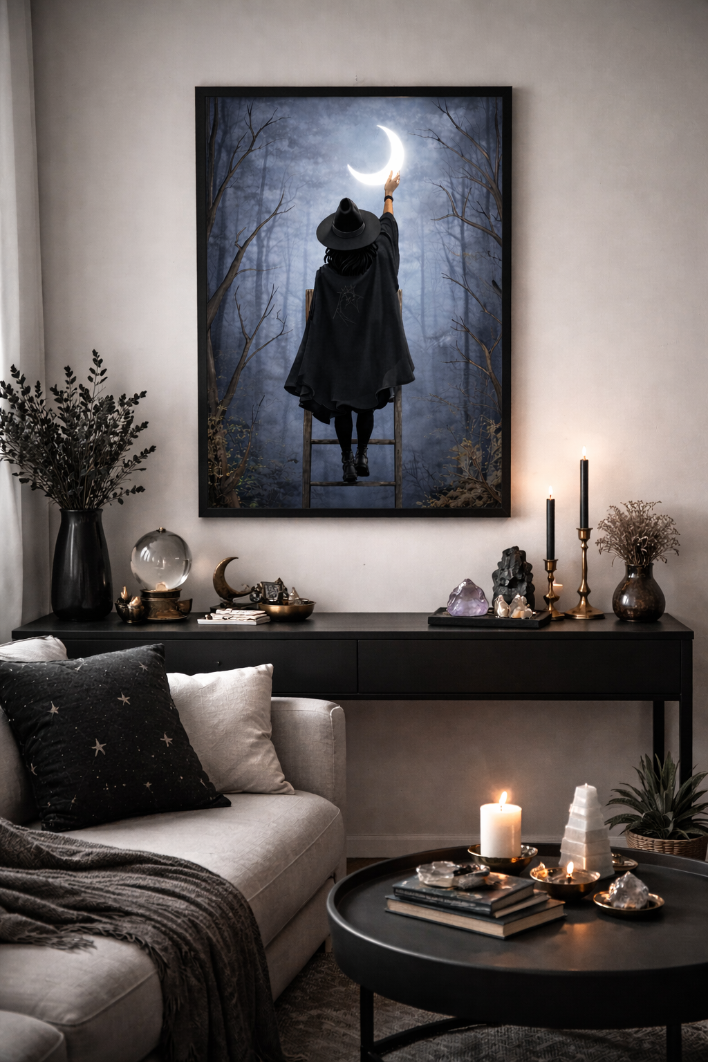 Witch Reaching for the Crescent Moon Matte Poster — Minimal Mystic Wall Art