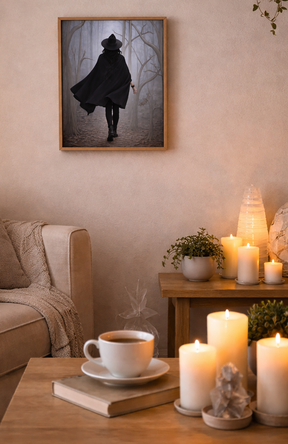 Mysterious Witch in Foggy Forest Matte Vertical Poster