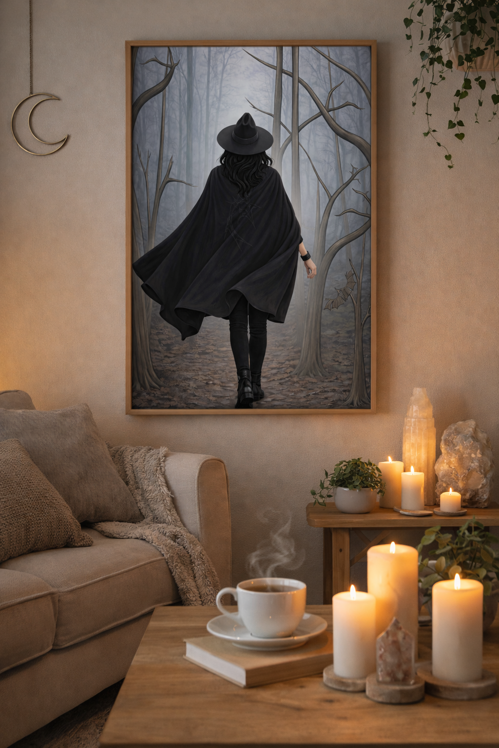 Mysterious Witch in Foggy Forest Matte Vertical Poster
