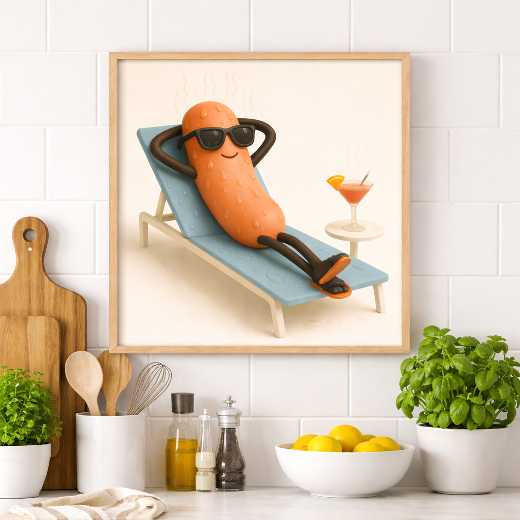 Hot Dog Vacation Poster — Funny Cute Sausage Wall Art for Kitchen, Bar & Summer Vibes