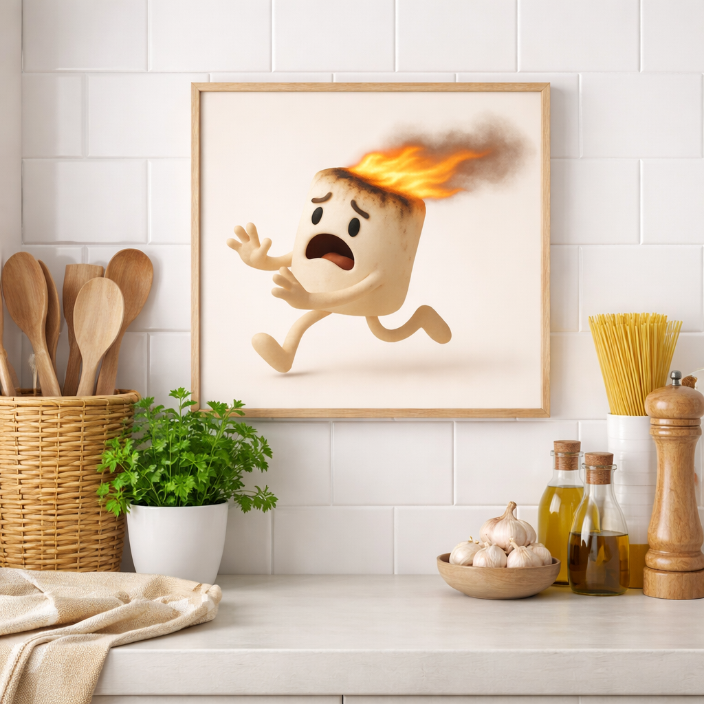 Terrified Marshmallow on Fire — Funny Kitchen Wall Art