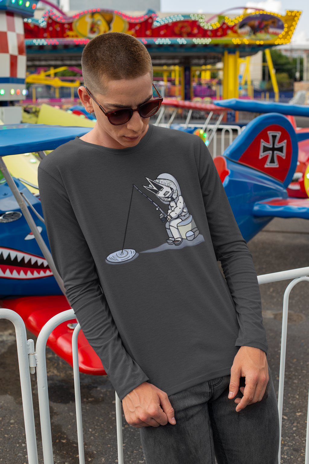 Lone Fisher Long Sleeve Tee — Cute Space Fisherman Graphic