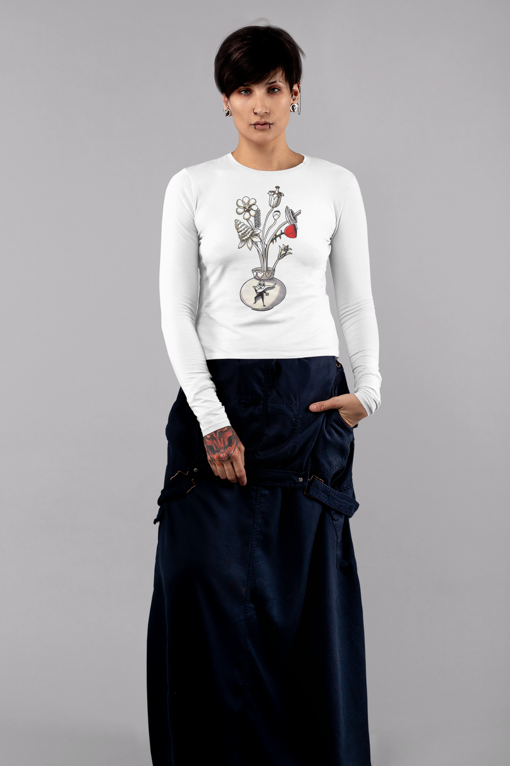 Long Sleeve Tee — Hand-Drawn Floral Vase Illustration