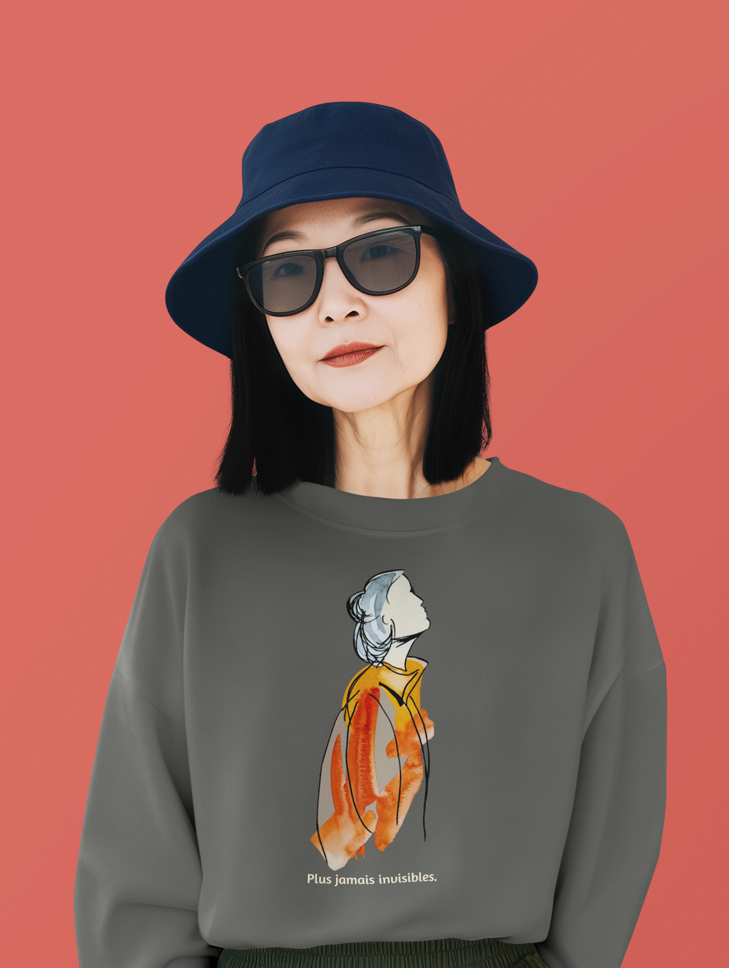 Watercolor Portrait Crewneck Sweatshirt — 'Plus jamais invisibles.' Art Illustration Pullover