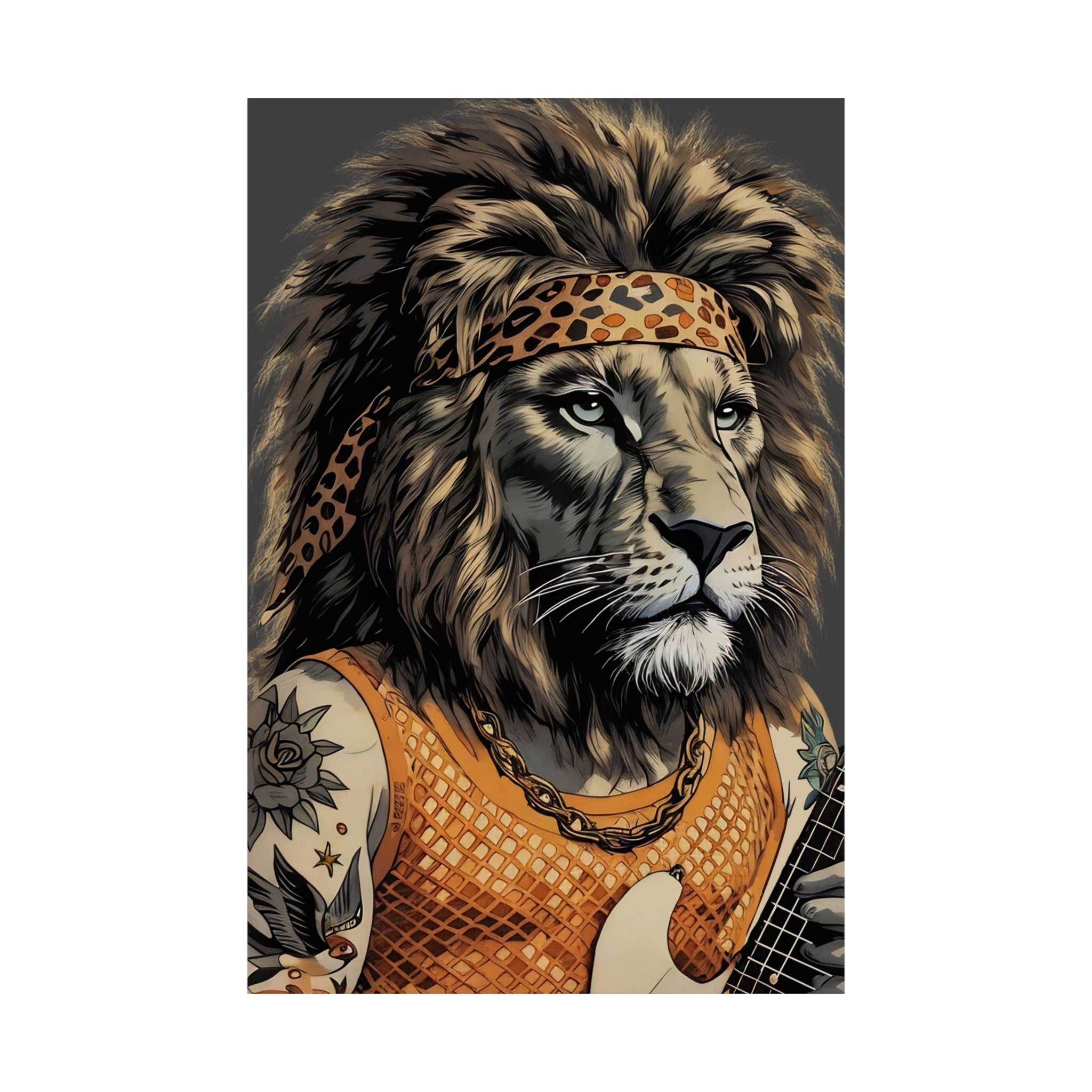 Rockstar Lion Poster – Tattooed Guitarist with Leopard Headband