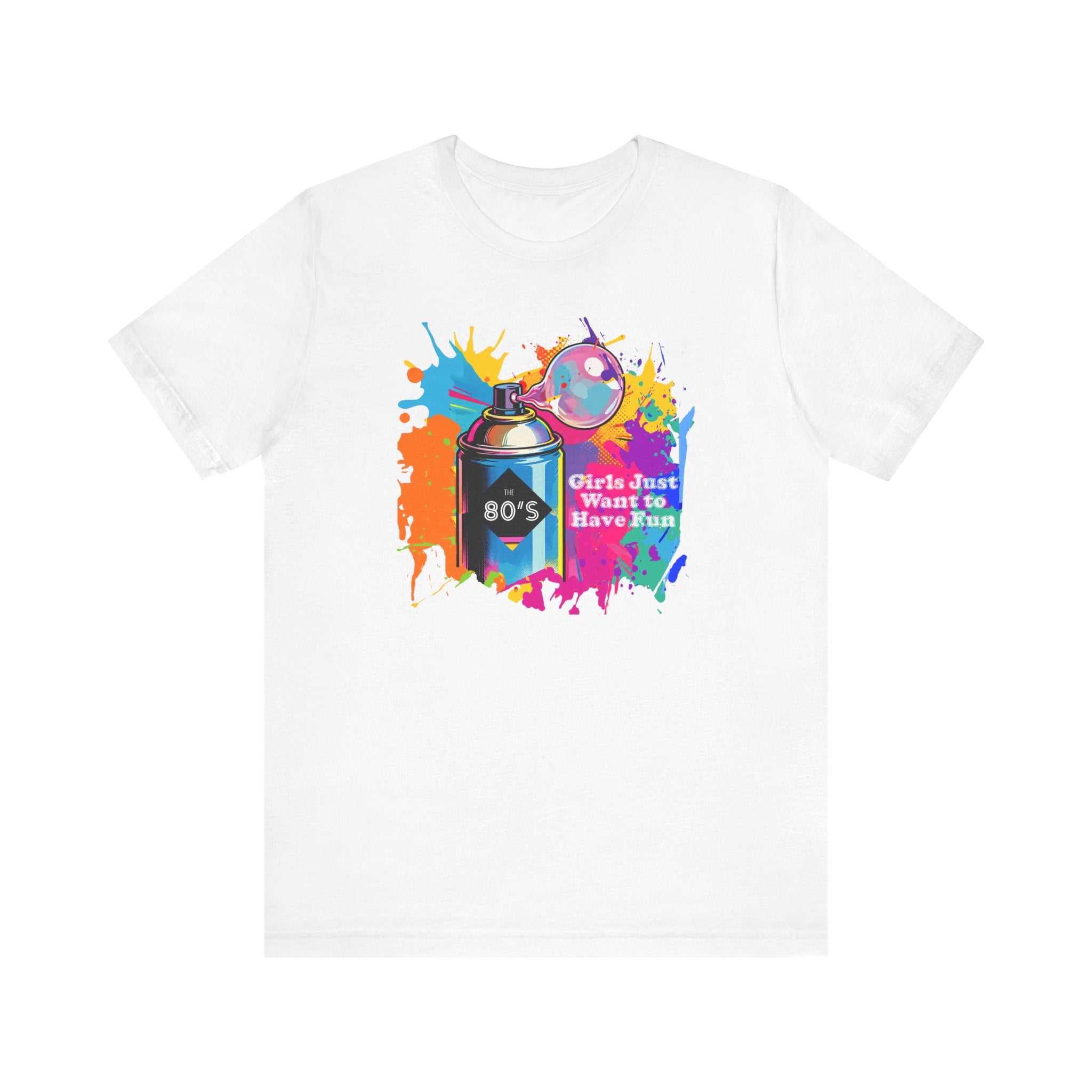 Vibrant retro tee celebrating 80’s pop culture, GIRLS JUST WANT TO HAVE FUN, Casual Wear, Colorful Style