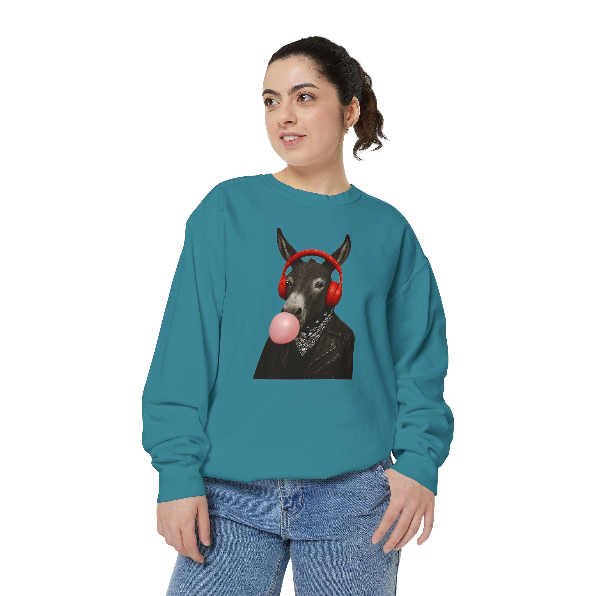 Bubblegum Sweatshirt — Donkey with Headphones Graphic Crewneck