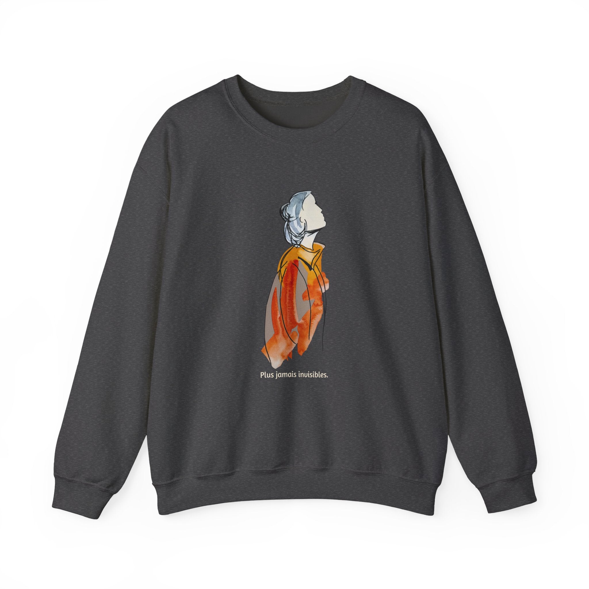 Dark gray sweatshirt with a graphic of a person wearing an orange scarf on a white background