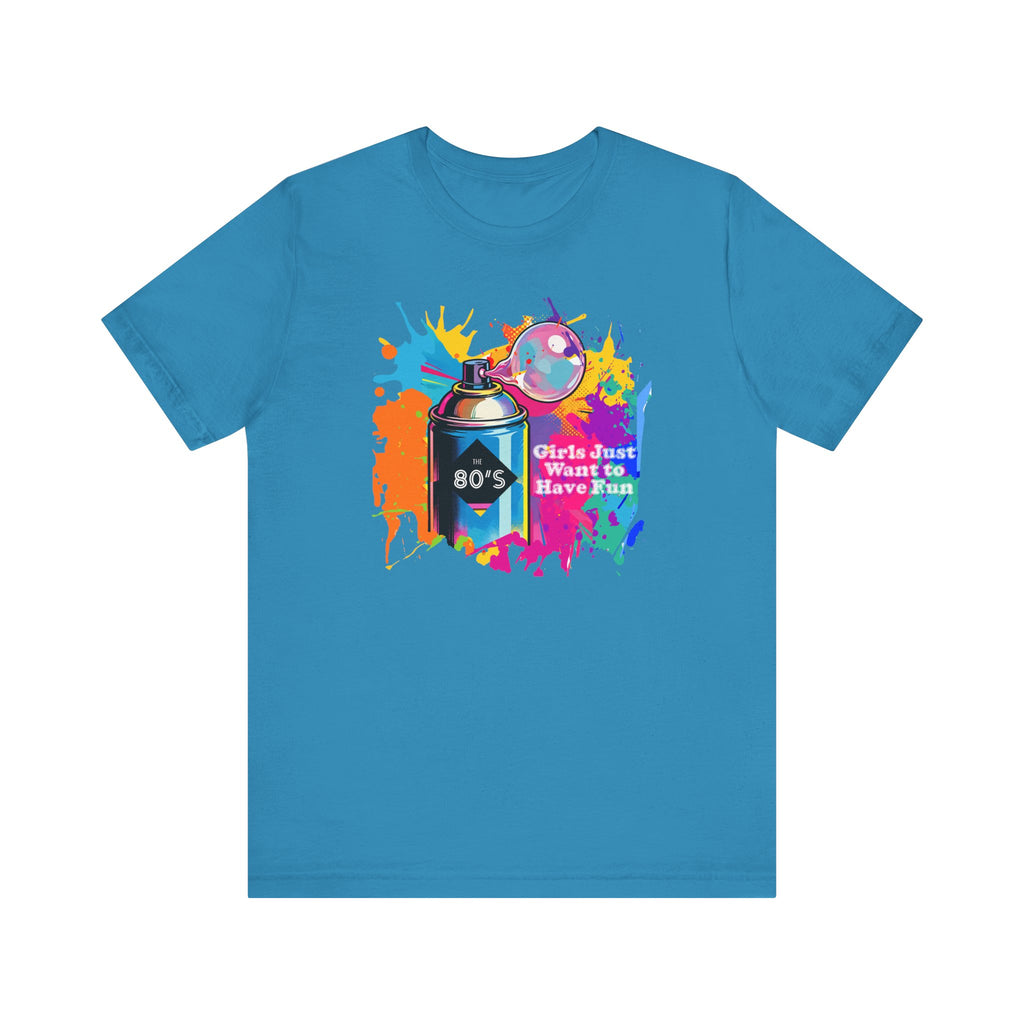 Vibrant retro tee celebrating 80’s pop culture, GIRLS JUST WANT TO HAVE FUN, Casual Wear, Colorful Style