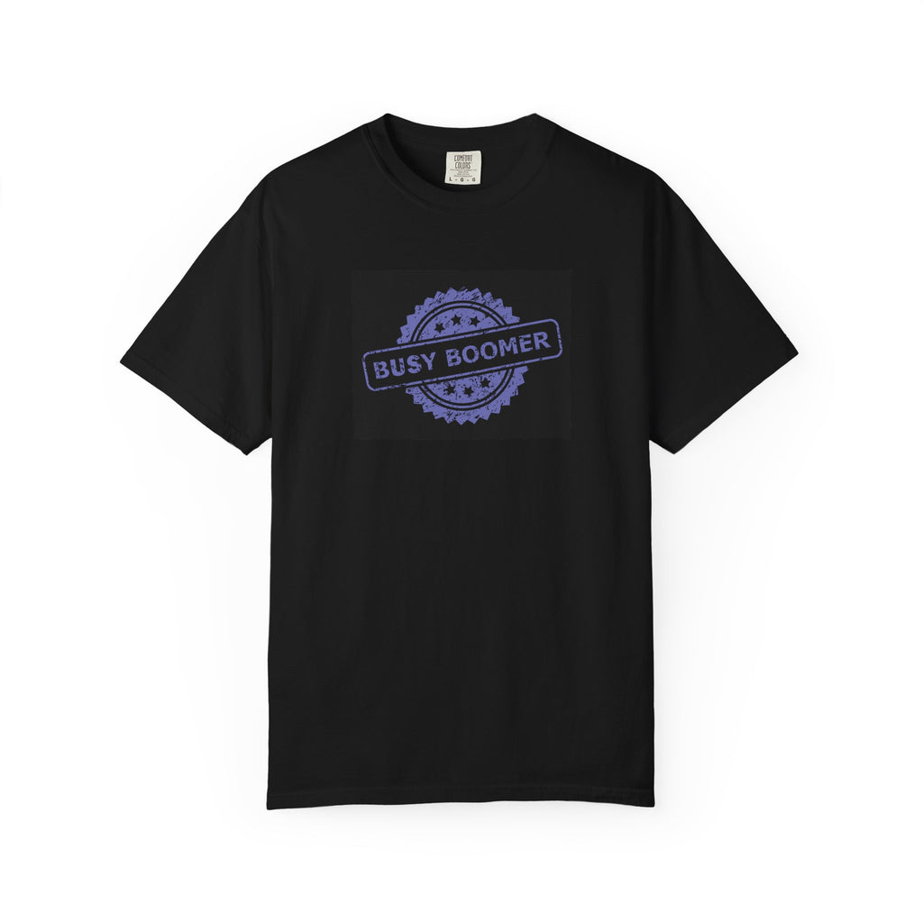 Black t-shirt with 'BUSY BOOMER' text on a white background