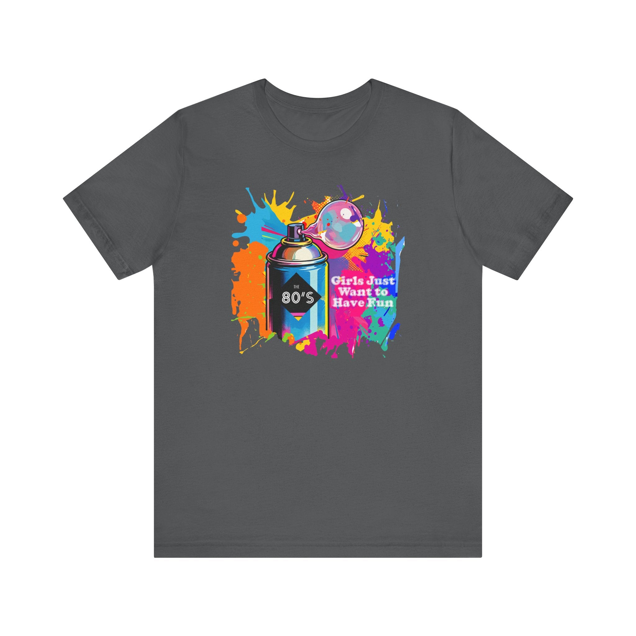 Vibrant retro tee celebrating 80’s pop culture, GIRLS JUST WANT TO HAVE FUN, Casual Wear, Colorful Style