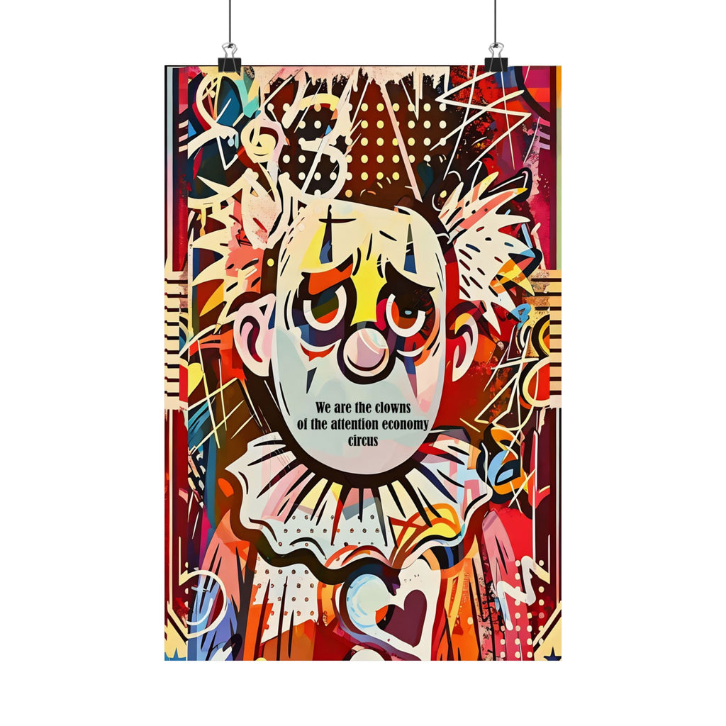 Circus Clown Art Poster — Colorful Pop Art Satin Print ("We are the clowns of the attention economy")
