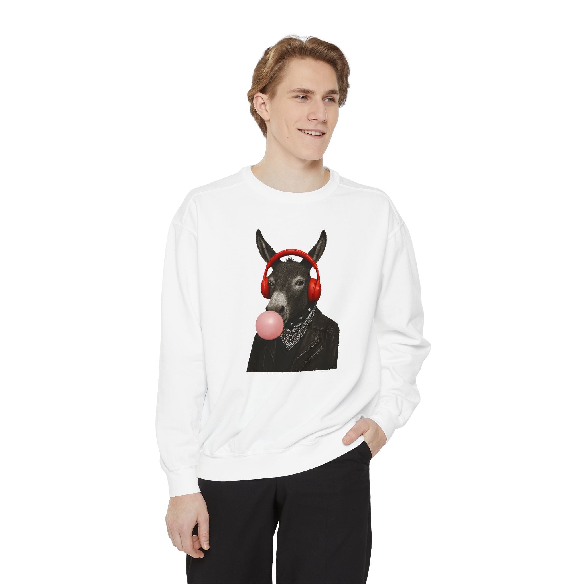 Bubblegum Sweatshirt — Donkey with Headphones Graphic Crewneck