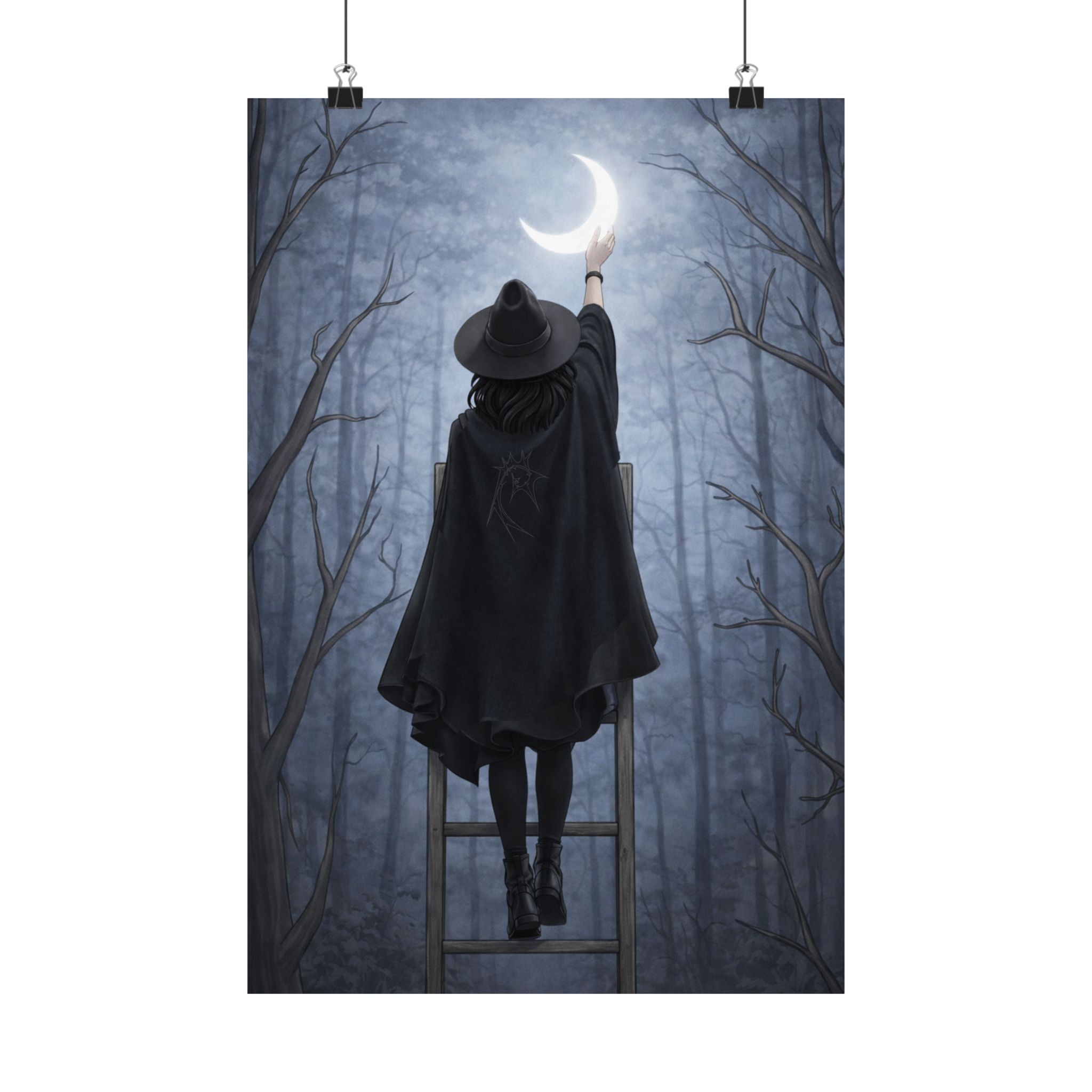 Witch Reaching for the Crescent Moon Matte Poster — Minimal Mystic Wall Art