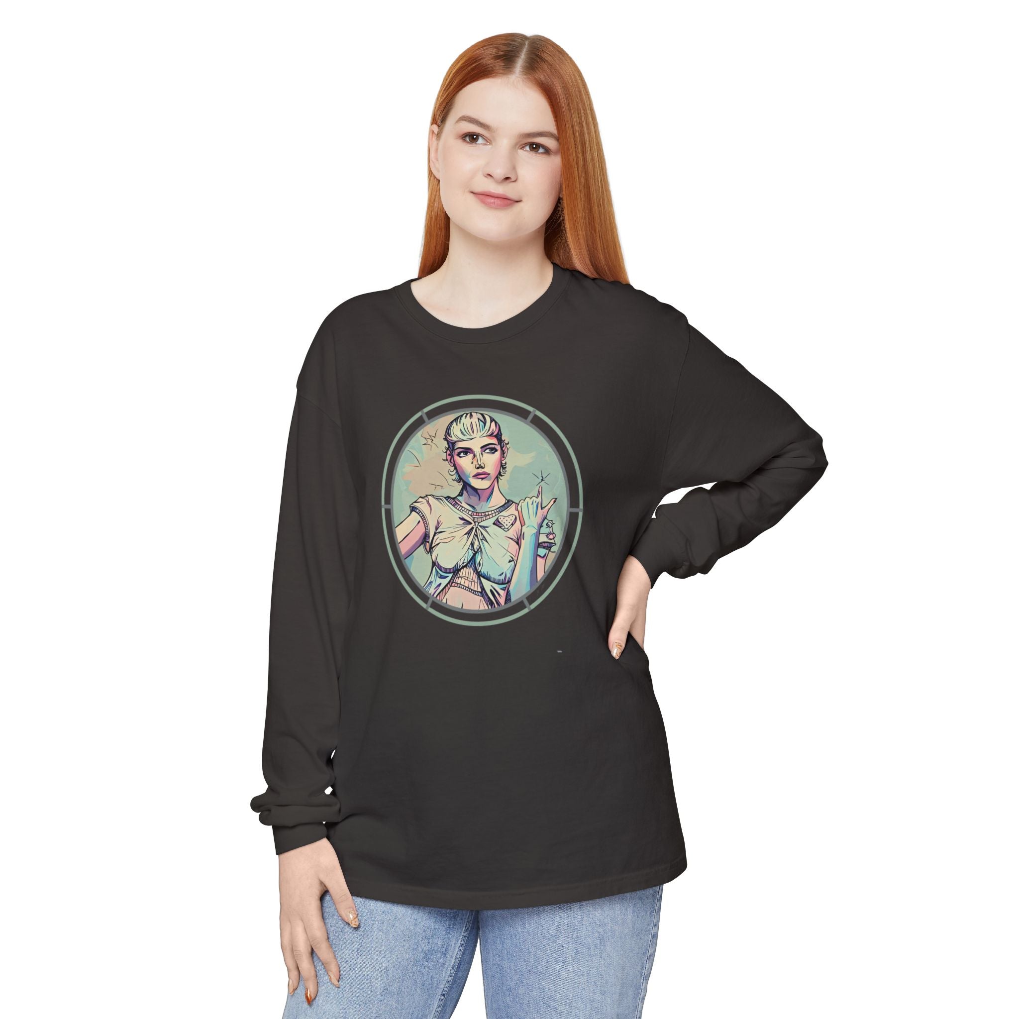 Vintage Style Artist Shirt – Retro Futurist Girl Long Sleeve Tee