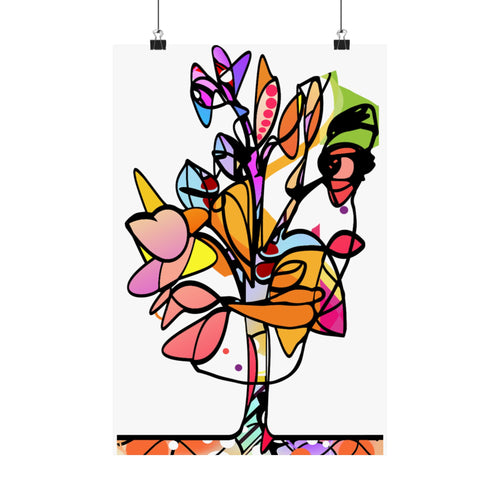 Colorful abstract design of butterflies and flowers on a white background