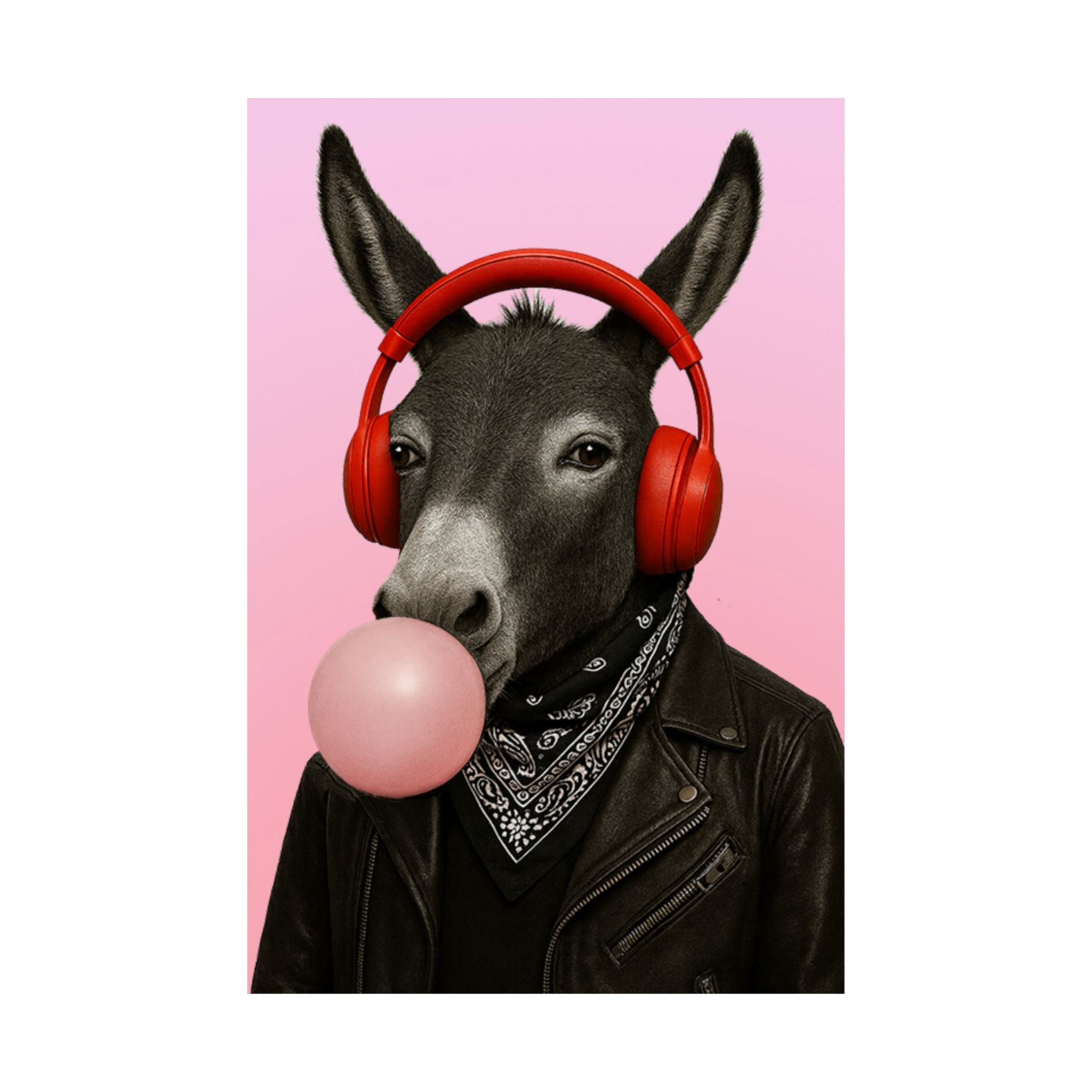 Cool Donkey Poster with Red Headphones & Bubblegum – Quirky Urban Style
